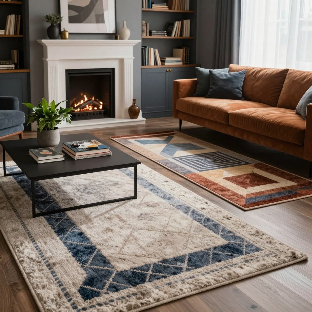 A beautifully arranged living room showcasing various strategic rug placements. In the foreground, a large, textured area rug featuring a modern geometric pattern lies beneath a stylish coffee table with decorative books and a potted plant. In the middle, another rug is placed strategically in front of a plush sofa, its warm color contrasting with the cool tones of the room’s decor. The background features a cozy fireplace flanked by bookshelves, with soft, ambient lighting creating an inviting atmosphere. Natural light streams through sheer curtains, highlighting the rug's details. Use a wide-angle lens to capture the entire scene, presenting a harmonious balance of style and comfort, with an overall mood that feels warm and welcoming. A beautifully arranged living room showcasing various strategic rug placements. In the foreground, a large, textured area rug featuring a modern geometric pattern lies beneath a stylish coffee table with decorative books and a potted plant. In the middle, another rug is placed strategically in front of a plush sofa, its warm color contrasting with the cool tones of the room’s decor. The background features a cozy fireplace flanked by bookshelves, with soft, ambient lighting creating an inviting atmosphere. Natural light streams through sheer curtains, highlighting the rug's details. Use a wide-angle lens to capture the entire scene, presenting a harmonious balance of style and comfort, with an overall mood that feels warm and welcoming.
