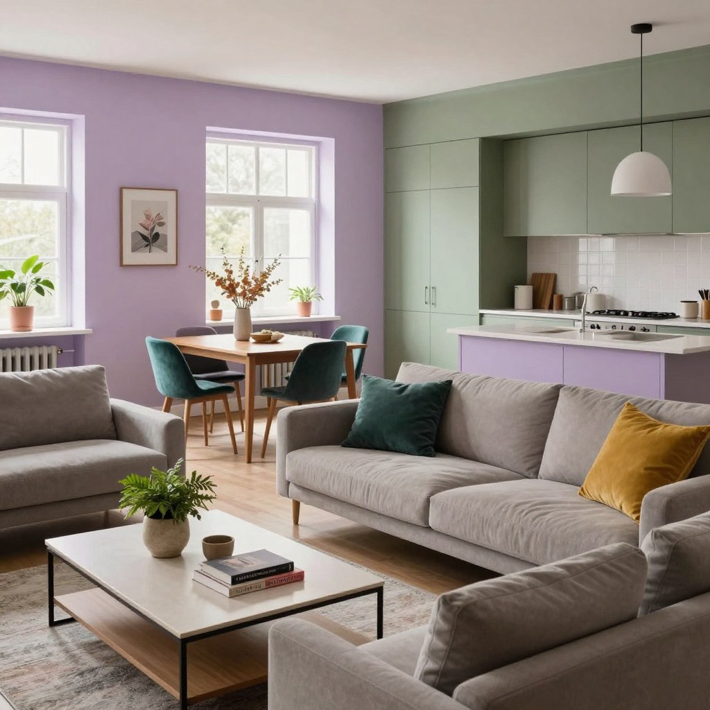 A beautifully arranged open plan living area and kitchen featuring modern paint colors, showcasing a harmonious blend of soft pastel shades and bold accent hues. In the foreground, a stylish sofa in a muted gray or beige sits beside a sleek coffee table adorned with decorative plants and books. The middle ground reveals an elegant dining area with a wooden table, surrounded by colorful dining chairs in shades of teal and mustard yellow. In the background, large windows filter in natural light, illuminating the fresh wall colors, which include soft lavender and earthy greens. The atmosphere conveys a sense of calm and sophistication, inviting warmth and creativity. Use soft, diffused lighting from the windows, and capture the scene from a slightly elevated angle to enhance depth and perspective. A beautifully arranged open plan living area and kitchen featuring modern paint colors, showcasing a harmonious blend of soft pastel shades and bold accent hues. In the foreground, a stylish sofa in a muted gray or beige sits beside a sleek coffee table adorned with decorative plants and books. The middle ground reveals an elegant dining area with a wooden table, surrounded by colorful dining chairs in shades of teal and mustard yellow. In the background, large windows filter in natural light, illuminating the fresh wall colors, which include soft lavender and earthy greens. The atmosphere conveys a sense of calm and sophistication, inviting warmth and creativity. Use soft, diffused lighting from the windows, and capture the scene from a slightly elevated angle to enhance depth and perspective.