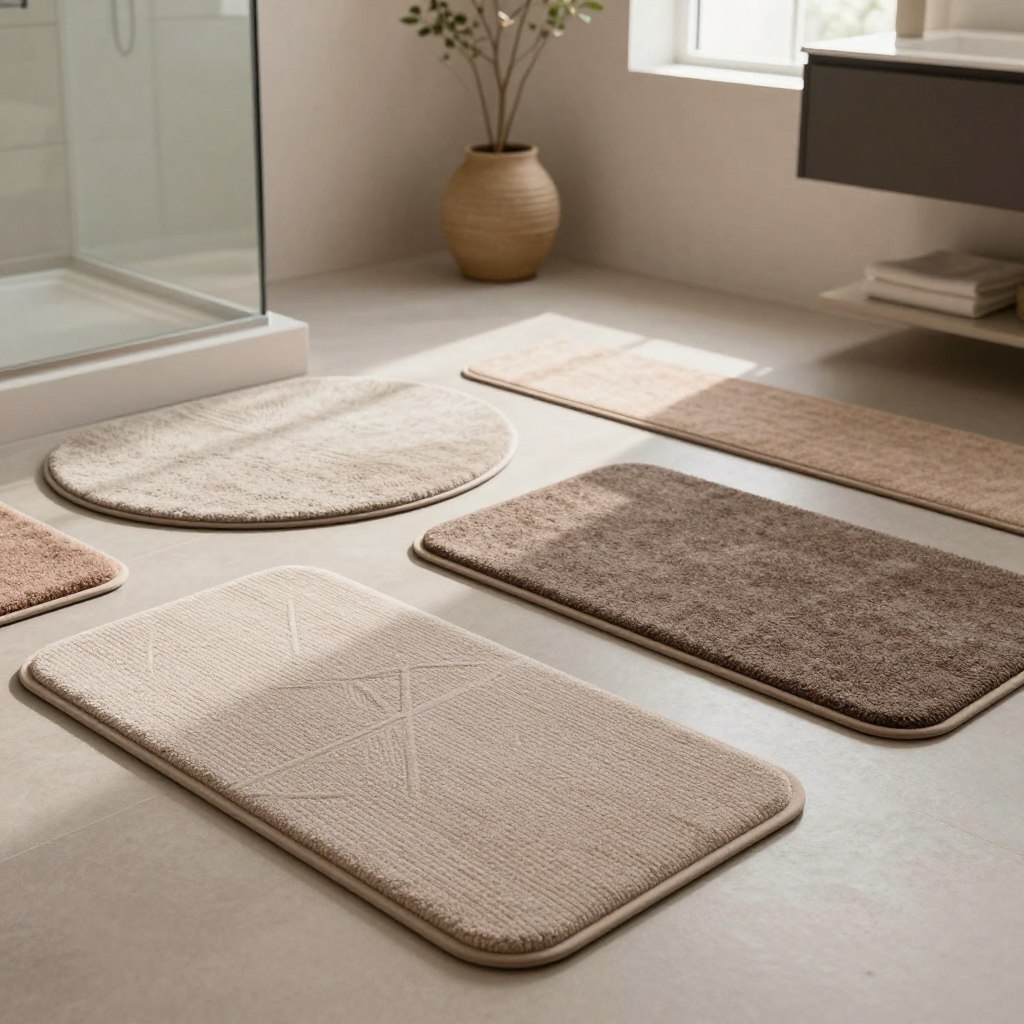 A beautifully arranged selection of stylish shower exit mats for modern bathrooms, featuring various slim and elongated shapes in a harmonious palette of muted earth tones and soft textures. The foreground showcases a sleek runner mat with subtle geometric patterns, while the middle presents a few round and rectangular mats in contrasting colors that enhance their aesthetic appeal. In the background, a softly lit bathroom setting, adorned with elegant fixtures and minimalistic decor, complements the rugs. Warm, natural lighting spills in from a window, casting gentle shadows and creating a serene atmosphere. The composition captures a sense of modern elegance and practicality, perfect for small spaces. A beautifully arranged selection of stylish shower exit mats for modern bathrooms, featuring various slim and elongated shapes in a harmonious palette of muted earth tones and soft textures. The foreground showcases a sleek runner mat with subtle geometric patterns, while the middle presents a few round and rectangular mats in contrasting colors that enhance their aesthetic appeal. In the background, a softly lit bathroom setting, adorned with elegant fixtures and minimalistic decor, complements the rugs. Warm, natural lighting spills in from a window, casting gentle shadows and creating a serene atmosphere. The composition captures a sense of modern elegance and practicality, perfect for small spaces.