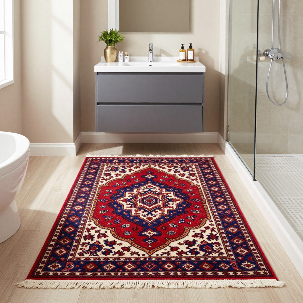 A beautifully arranged small bathroom showcasing stylish Turkish and Persian-inspired rugs. In the foreground, feature an elegant small-scale rug with intricate patterns and vibrant colors, ideally placed in front of a modern sink or shower. The middle ground includes minimalist bathroom decor, such as a sleek vanity with decorative plant accents and stylish toiletries. The background reveals soft, neutral-toned walls that enhance the rug's colors, with natural light streaming in from a nearby window, casting gentle shadows. The atmosphere is inviting and tranquil, highlighting the charm of the rug design while emphasizing functionality in a compact space. Use a wide-angle lens to capture the entire scene and ensure the composition is bright and airy. A beautifully arranged small bathroom showcasing stylish Turkish and Persian-inspired rugs. In the foreground, feature an elegant small-scale rug with intricate patterns and vibrant colors, ideally placed in front of a modern sink or shower. The middle ground includes minimalist bathroom decor, such as a sleek vanity with decorative plant accents and stylish toiletries. The background reveals soft, neutral-toned walls that enhance the rug's colors, with natural light streaming in from a nearby window, casting gentle shadows. The atmosphere is inviting and tranquil, highlighting the charm of the rug design while emphasizing functionality in a compact space. Use a wide-angle lens to capture the entire scene and ensure the composition is bright and airy.