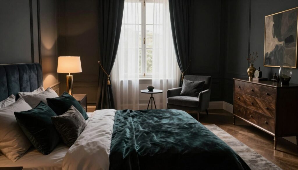 A beautifully arranged sophisticated bedroom showcasing an elegant moody aesthetic. In the foreground, a plush, dark velvet bed with luxurious bedding, accented by stylish throw pillows in deep jewel tones. A minimalist nightstand with a sleek lamp casts warm, soft lighting. The middle ground features a carefully positioned armchair and a small accent table, enhancing the cozy atmosphere. On the opposite wall, an elegant dresser adorned with decorative items adds character. In the background, a large window with flowing, sheer curtains allows diffused natural light to filter in, creating a tranquil ambiance. The color palette includes rich dark hues, complemented by warm metallic accents, yielding an inviting yet upscale mood. Capture this design from a slightly elevated angle to emphasize the arrangement and depth of the space. A beautifully arranged sophisticated bedroom showcasing an elegant moody aesthetic. In the foreground, a plush, dark velvet bed with luxurious bedding, accented by stylish throw pillows in deep jewel tones. A minimalist nightstand with a sleek lamp casts warm, soft lighting. The middle ground features a carefully positioned armchair and a small accent table, enhancing the cozy atmosphere. On the opposite wall, an elegant dresser adorned with decorative items adds character. In the background, a large window with flowing, sheer curtains allows diffused natural light to filter in, creating a tranquil ambiance. The color palette includes rich dark hues, complemented by warm metallic accents, yielding an inviting yet upscale mood. Capture this design from a slightly elevated angle to emphasize the arrangement and depth of the space.