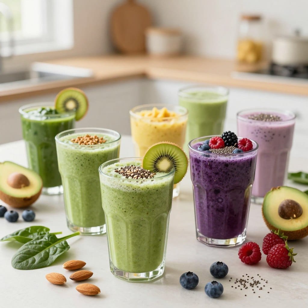 A beautifully arranged table showcasing an array of vibrant, protein-packed anti-aging smoothies in various pastel-colored glassware. In the foreground, emphasize two smoothies: one green with spinach, avocado, and protein powder topped with seeds and a slice of kiwi, and another deep purple with berries, almond milk, and a sprinkle of chia seeds. In the middle, include fresh ingredients like almonds, spinach, and assorted berries artfully scattered around. In the background, a softly blurred kitchen setting with warm, natural lighting coming from a window, creating an inviting and healthy atmosphere. The image should evoke a sense of vitality and wellness, capturing the essence of nourishing beauty.