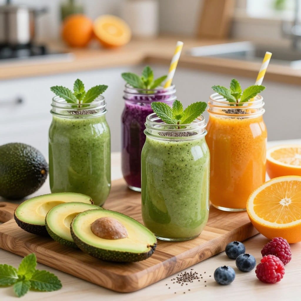 A beautifully arranged tabletop filled with vibrant anti-aging smoothies in glass jars, each showcasing fresh, colorful ingredients. The foreground features a classic wooden cutting board with sliced fruits like avocados, berries, and citrus, representing the key ingredients for youthful skin. In the middle, three glass jars filled with smoothies in shades of green, purple, and orange, topped with fresh mint leaves and chia seeds, highlight their nutritious appeal. The background displays a softly blurred kitchen setting with natural light streaming in, creating a warm and inviting atmosphere. The scene evokes a sense of health and vitality, inspiring viewers to embrace wholesome ingredients while subtly emphasizing the importance of careful preparation and ingredient selection in smoothie making.