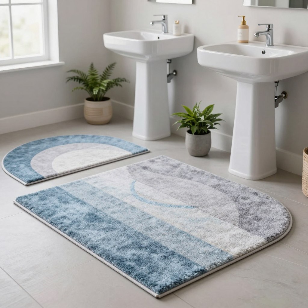 A beautifully designed bathroom scene featuring various half-moon shaped rugs placed under pedestal sinks. In the foreground, focus on a soft, textured rug in a calming color palette of pastel blues and grays, seamlessly complementing the decorative elements. The middle of the scene showcases elegantly styled pedestal sinks adorned with stylish faucets, surrounded by minimalist decor like potted plants and stylish soap dispensers. In the background, soft natural light filters through a window, reflecting off the smooth surfaces and creating a serene ambiance. The overall mood is modern and inviting, emphasizing functionality and aesthetics in small space bathroom design. The image composition should be well-balanced, highlighting the rugs' shapes and textures without cluttering the space. A beautifully designed bathroom scene featuring various half-moon shaped rugs placed under pedestal sinks. In the foreground, focus on a soft, textured rug in a calming color palette of pastel blues and grays, seamlessly complementing the decorative elements. The middle of the scene showcases elegantly styled pedestal sinks adorned with stylish faucets, surrounded by minimalist decor like potted plants and stylish soap dispensers. In the background, soft natural light filters through a window, reflecting off the smooth surfaces and creating a serene ambiance. The overall mood is modern and inviting, emphasizing functionality and aesthetics in small space bathroom design. The image composition should be well-balanced, highlighting the rugs' shapes and textures without cluttering the space.
