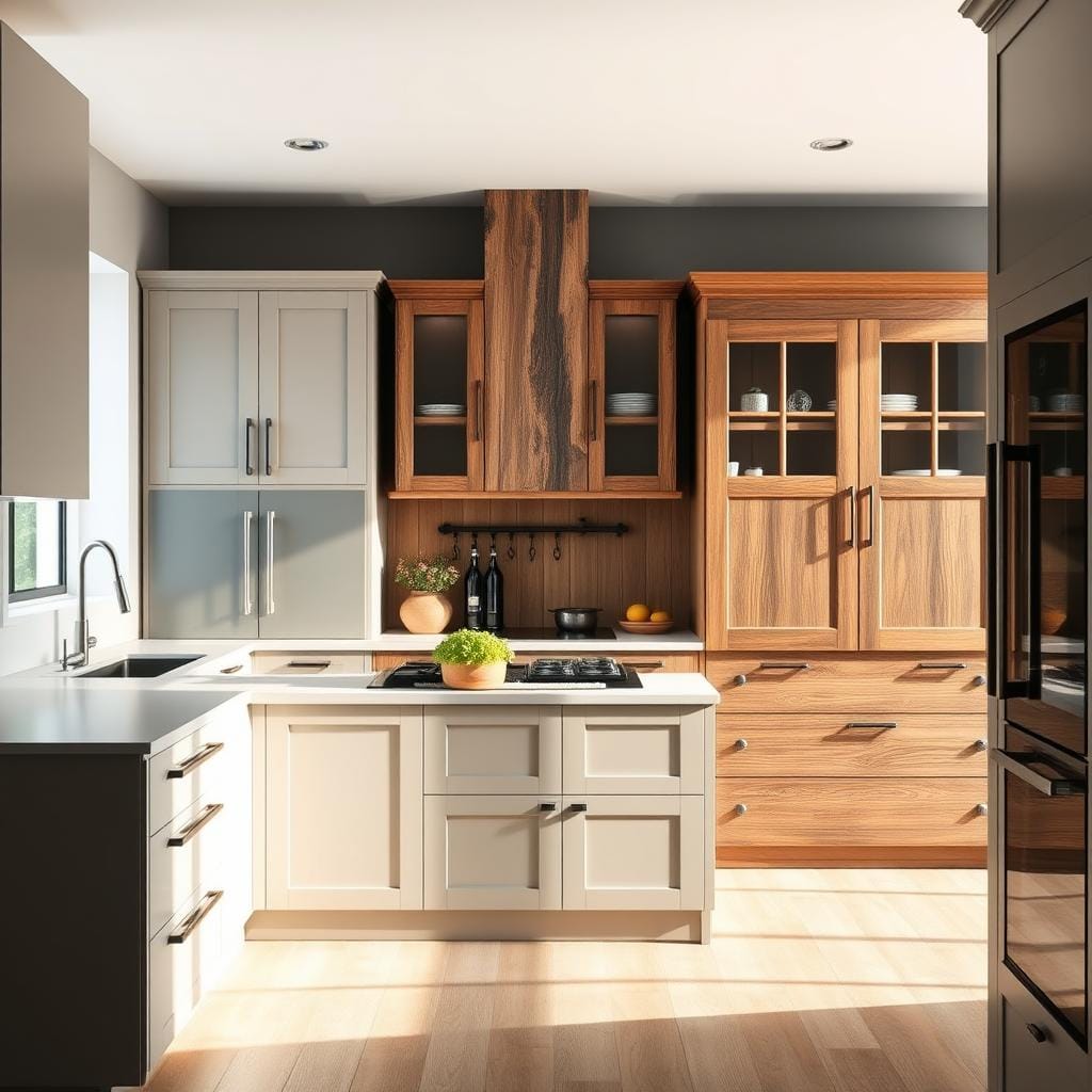 A beautifully designed contemporary kitchen showcasing the evolution of kitchen cabinets from traditional to modern styles. In the foreground, highlight a sleek, minimalist cabinet with a matte finish, featuring integrated handles and ample storage. The middle section should display a fusion of rustic and industrial designs, including wooden cabinets with metal accents and glass doors. In the background, a classic farmhouse cabinet made of distressed wood adds warmth. Soft, natural lighting illuminates the scene, casting gentle shadows that enhance textures. The mood is inviting and sophisticated, reflecting the heart of a 2026 kitchen as a functional yet stylish space for cooking and gathering. Use a wide-angle lens to capture the full depth of the kitchen layout, emphasizing harmony and design evolution.