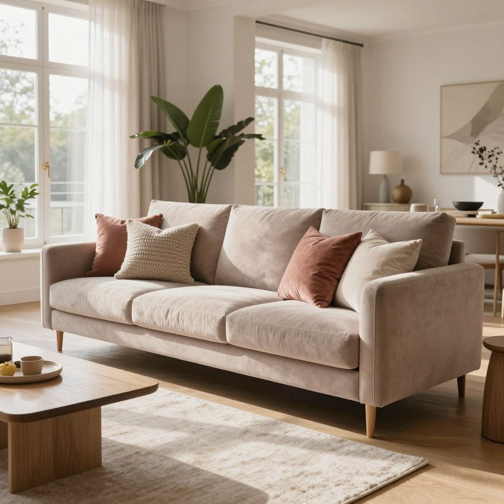 A beautifully designed elegant sofa, featuring soft, plush upholstery in muted pastel tones, is the focal point of an airy open concept living room. The sofa is adorned with decorative cushions in varying textures, such as velvet and knitted fabric, enhancing its inviting appeal. In the foreground, a light, textured area rug complements the sofa's aesthetic, while a sleek coffee table made of light wood reflects a modern style. The middle of the living room includes large windows that allow natural sunlight to flood the space, creating a warm and welcoming atmosphere. Soft shadows cast by elegant indoor plants in the background add depth to the scene. The overall mood exudes tranquility and sophistication, highlighting the importance of color and texture in enhancing an open, airy living room.