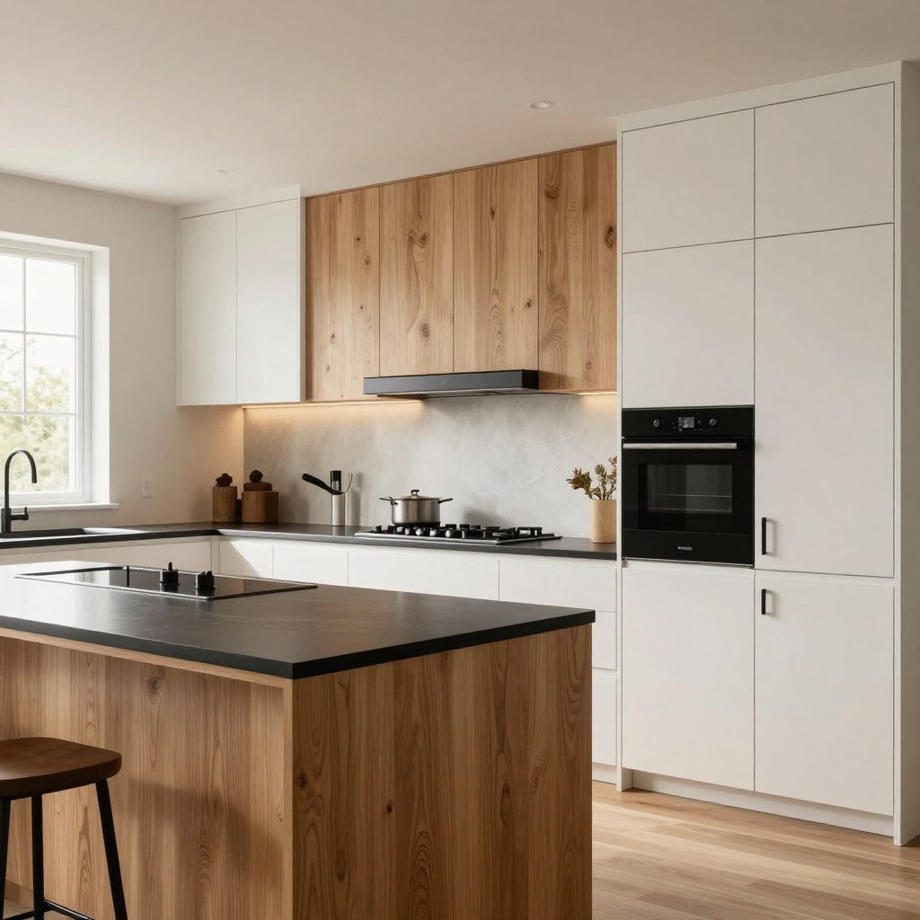 A beautifully designed kitchen featuring elegant white oak cabinets, showcasing their natural grain and texture. The foreground has a sleek kitchen island with a polished black countertop, contrasted by soft, warm lighting that highlights the richness of the oak wood. In the middle ground, seamlessly integrated appliances blend into the cabinetry, with minimalist black fixtures and hardware accentuating the modern design. The background reveals a bright, airy space through large windows, allowing natural light to flood the room, creating a welcoming atmosphere. This captivating scene embodies a harmonious balance of organic materials and sleek lines, perfect for a contemporary home. The overall mood is sophisticated yet inviting, ideal for a stylish and functional kitchen.