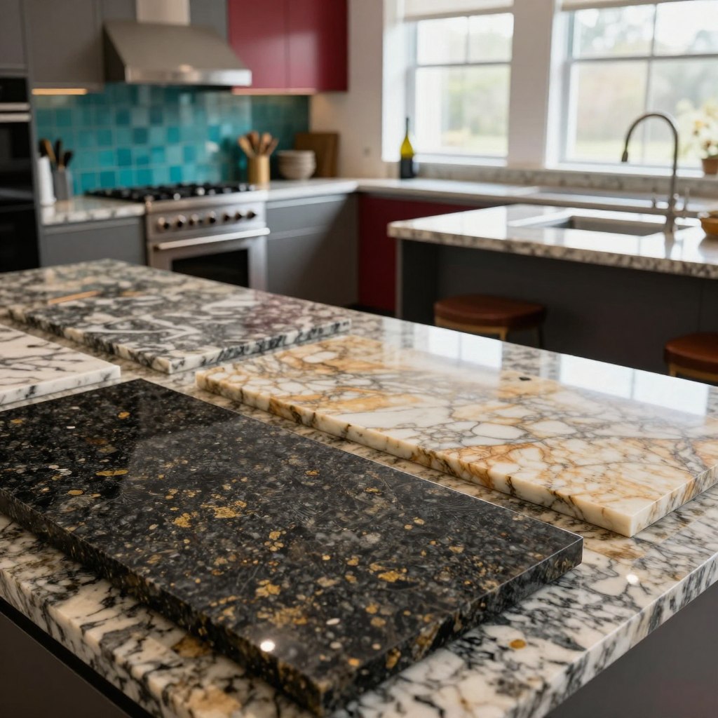 A beautifully designed kitchen featuring luxurious granite countertops in various styles and colors. In the foreground, showcase several types of granite slabs, highlighting their unique patterns and textures, such as deep blacks with gold speckles, grey with white marbling, and warm beige tones. In the middle, a modern kitchen setting with sleek cabinetry and bold backsplash options in vibrant colors, like teal and crimson, elegantly complementing the countertops. In the background, soft, natural light filters through large windows, creating a warm and inviting atmosphere. Capture the scene from a wide-angle perspective, emphasizing the spaciousness and sophisticated design of the kitchen. The overall mood should convey elegance and modern luxury, inspiring ideas for homeowners considering granite countertop options. A beautifully designed kitchen featuring luxurious granite countertops in various styles and colors. In the foreground, showcase several types of granite slabs, highlighting their unique patterns and textures, such as deep blacks with gold speckles, grey with white marbling, and warm beige tones. In the middle, a modern kitchen setting with sleek cabinetry and bold backsplash options in vibrant colors, like teal and crimson, elegantly complementing the countertops. In the background, soft, natural light filters through large windows, creating a warm and inviting atmosphere. Capture the scene from a wide-angle perspective, emphasizing the spaciousness and sophisticated design of the kitchen. The overall mood should convey elegance and modern luxury, inspiring ideas for homeowners considering granite countertop options.