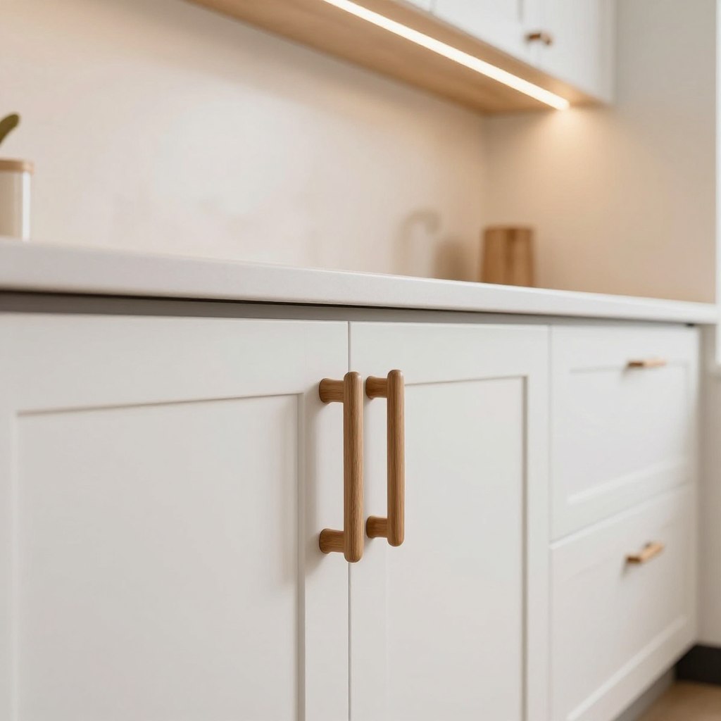 A beautifully designed kitchen featuring white oak cabinetry with strategically placed hardware. In the foreground, close-up view of the cabinetry, showcasing sleek, modern handles that contrast against the warm tones of the wood. In the middle ground, the cabinetry arranged symmetrically along a clean, minimalist countertop with subtle black accents. The background reveals soft overhead lighting that casts a warm glow, accentuating the grain of the oak. The scene captures an elegant, inviting atmosphere, emphasizing the balance and proportions of the hardware against the cabinetry. The angle is slightly elevated for a better perspective on hardware placement. The overall mood is sophisticated yet cozy, ideal for a contemporary kitchen setting.