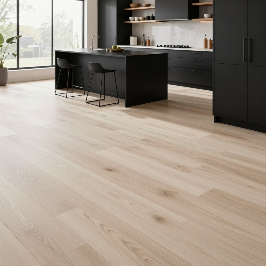 A beautifully designed kitchen featuring white oak flooring accented with striking black elements. In the foreground, the smooth, light-hued oak planks exhibit fine grain details, while stylish black cabinets provide a sleek contrast. The middle ground showcases an elegant kitchen island with a black countertop, surrounded by minimalist barstools. Soft natural light floods the scene from a large window, casting gentle shadows across the floor, enhancing the organic feel. The background includes open shelving displaying tasteful kitchenware, complementing the modern aesthetic. This composition radiates a warm, inviting atmosphere, perfect for a contemporary organic kitchen design. The camera angle captures the room from a slight elevation, emphasizing the flooring and the overall seamless integration of white oak and black accents in a cohesive manner.