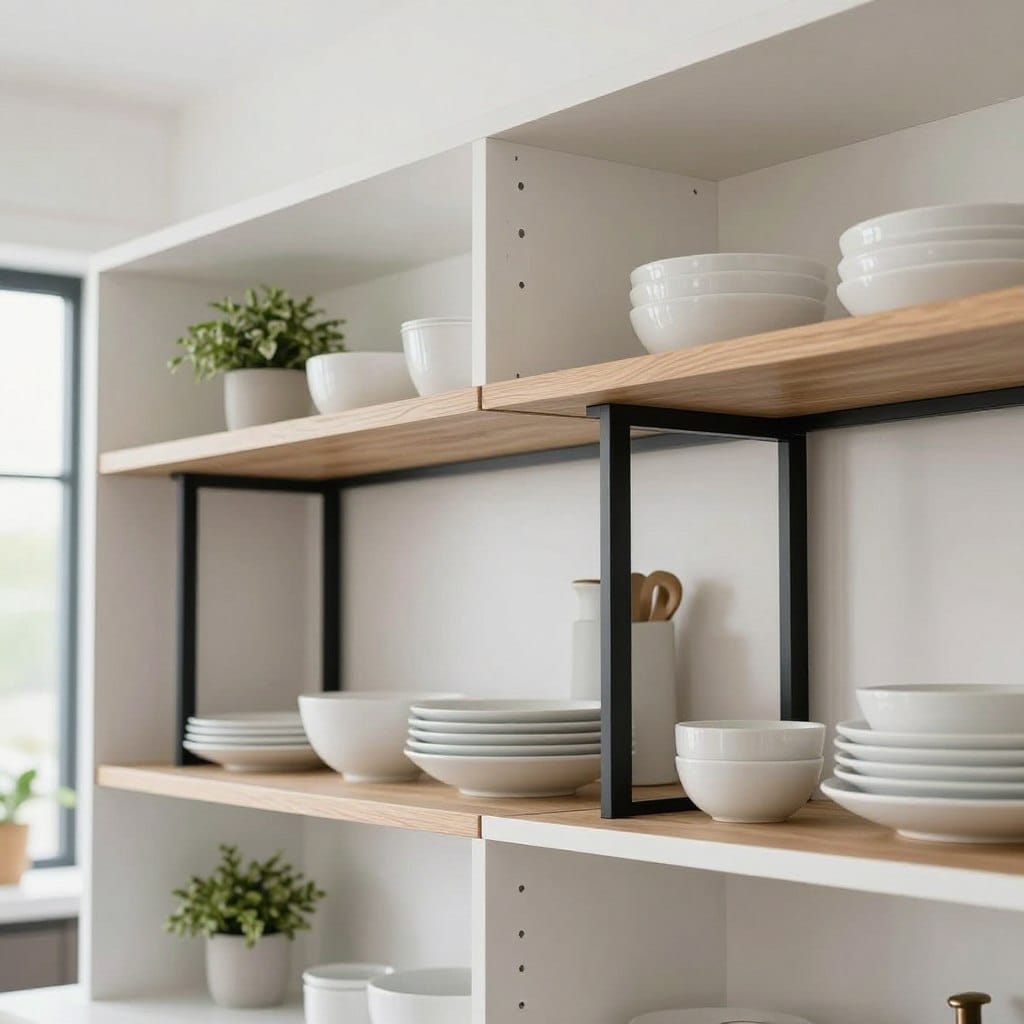 A beautifully designed kitchen featuring white oak open shelving with elegant black accents. In the foreground, the shelves are filled with minimalist white dishware and decorative plants. The middle layer showcases the sleek black frames and brackets holding the shelves, creating a striking contrast against the warm wood. The background includes a modern kitchen setting with subtle natural lighting filtering through a large window, enhancing the organic feel. The camera angle is slightly elevated, capturing the depth of the shelves and the inviting atmosphere. The overall mood is contemporary and serene, with a touch of sophistication that emphasizes the harmony between the white oak and black elements.