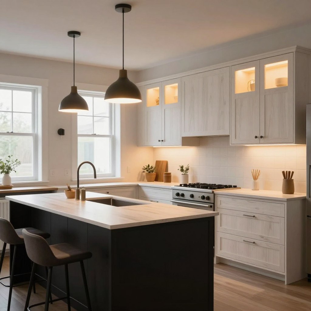 A beautifully designed kitchen showcasing layering lighting in a white oak and black aesthetic. In the foreground, a sleek black kitchen island illuminated by pendant lights with warm tones, casting a soft glow over a white oak countertop. The middle ground features framed white oak cabinetry under warm recessed lighting, enhancing the wooden texture. A stylish breakfast nook with modern, comfortable seating sits adjacent, accentuated by wall sconces. The background consists of bright windows allowing natural light to filter in, harmonizing with the artificial lights for a cozy ambiance. The scene captures a harmonious blend of functionality and elegance, highlighting the layered lighting strategy to create depth and warmth, inviting and inspiring the viewer.