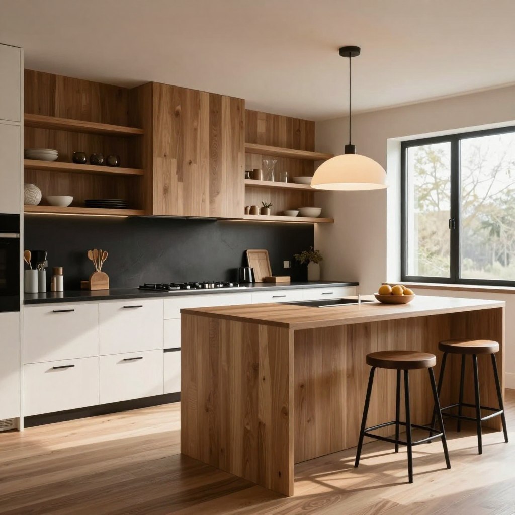 A beautifully designed kitchen showcasing the perfect blend of white oak and black elements. In the foreground, elegant cabinetry with sleek black handles contrasts with warm white oak shelves and a modern island. The middle ground features a stylish pendant light with a soft glow hanging above the island, casting gentle light on a minimalistic countertop. Rich textures of wood and contrasting dark surfaces create an inviting atmosphere. In the background, a large window allows natural sunlight to flood the space, enhancing the warm tones of the wood while highlighting the sophistication of the black accents. The overall mood is serene and balanced, perfect for a contemporary home setting, captured with a wide-angle lens to emphasize depth and scale.