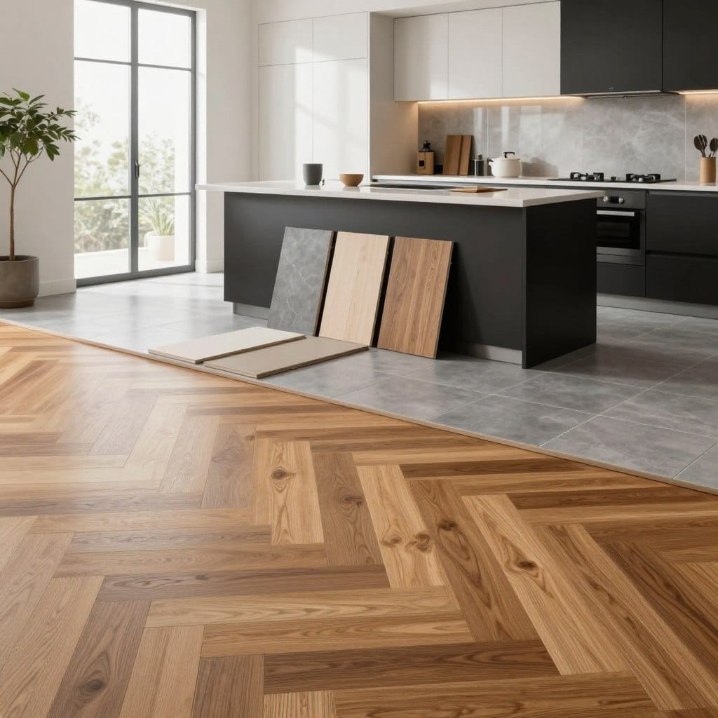 A beautifully designed kitchen showcasing various flooring options. In the foreground, display an elegant herringbone patterned hardwood floor in warm tones, blending seamlessly with a sleek black and white kitchen aesthetic. In the middle ground, feature samples of grey ceramic tiles and light wood planks, artfully arranged on a smooth countertop, emphasizing diverse textures. In the background, soft natural lighting floods the space through large windows, illuminating the modern cabinetry and minimalist decor. The atmosphere should feel inviting and stylish, reflecting a contemporary yet cozy environment. Use a wide-angle lens to encapsulate the entirety of the kitchen and flooring variety while maintaining a focus on the textures and design elements. No human figures present.