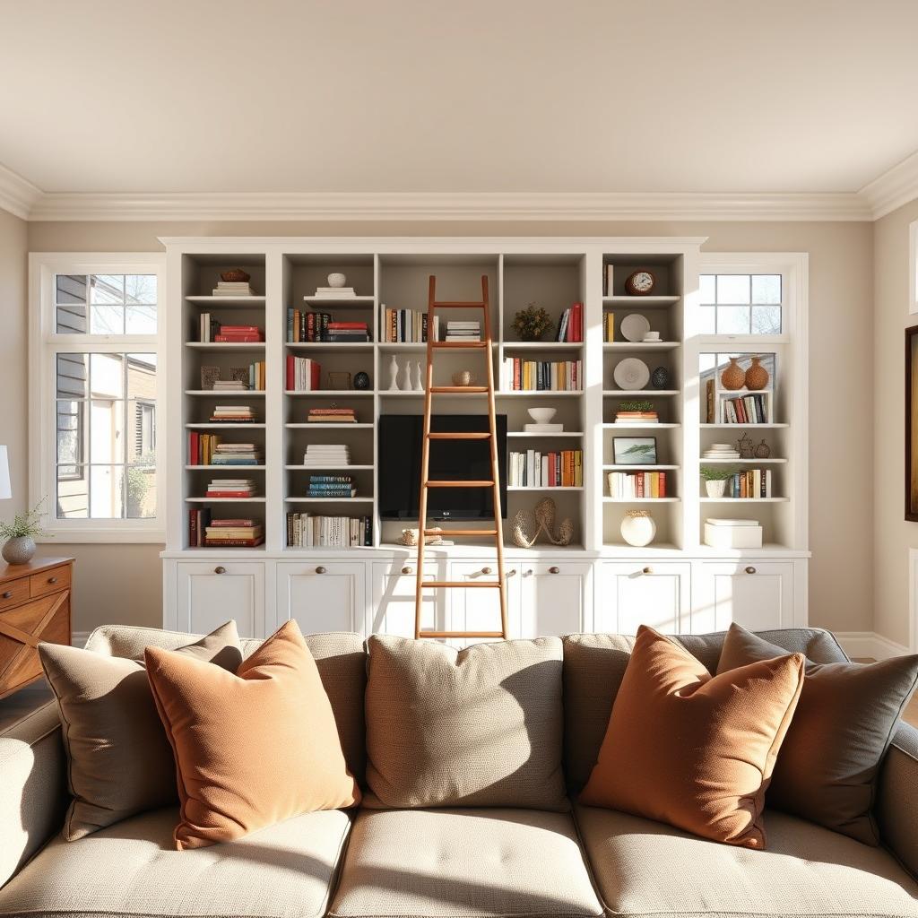 A beautifully designed living room featuring a creative "fake built-ins" bookcase illusion, complete with a stylish, movable ladder. In the foreground, a cozy, inviting sofa adorned with plush pillows faces the bookcase, which showcases an array of colorful books and decorative objects. The middle ground highlights the elegant ladder leaning against the bookcase, hinting at functionality while adding a touch of sophistication. In the background, large windows allow natural light to fill the room, casting soft shadows and creating a warm, inviting atmosphere. The walls are painted in soft, neutral tones, enhancing the illusion of depth. The overall mood is chic and modern, perfect for a budget-friendly yet luxurious living space.