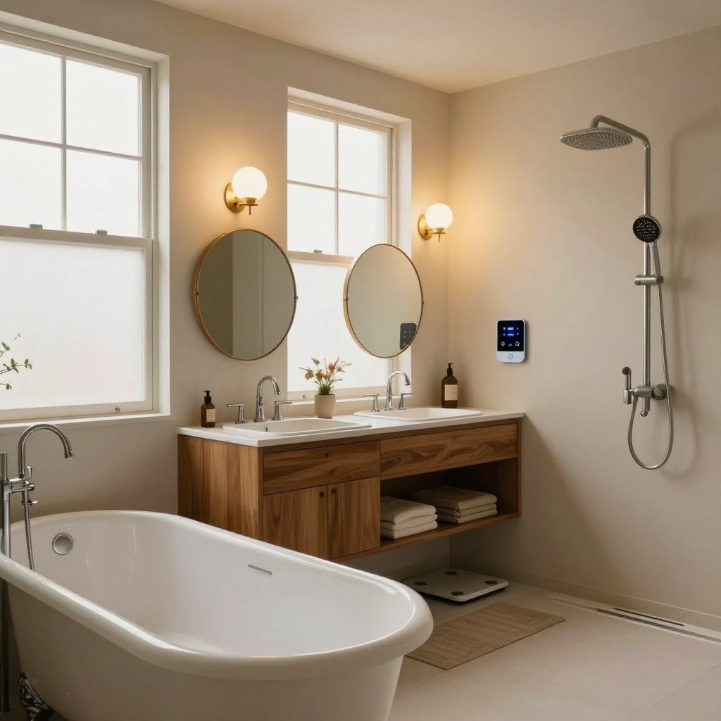 A beautifully designed mid-century bathroom featuring a blend of retro elements and smart technology. In the foreground, a vintage-style bathtub with elegant curves sits next to a sleek smart shower system with touch-control panels. The middle ground showcases a stylish oak vanity with round mirrors, highlighting vintage sconces illuminated with warm LED lighting. Smart devices like a digital scale and a smart mirror are subtly integrated into the decor. In the background, large frosted windows allow soft natural light to fill the room, enhancing the retro ambiance. The overall mood is inviting and calm, reflecting a harmonious coexistence of classic design and modern convenience. The scene is captured with a warm color palette, shot from a slightly elevated angle to encompass the entire bathroom space. A beautifully designed mid-century bathroom featuring a blend of retro elements and smart technology. In the foreground, a vintage-style bathtub with elegant curves sits next to a sleek smart shower system with touch-control panels. The middle ground showcases a stylish oak vanity with round mirrors, highlighting vintage sconces illuminated with warm LED lighting. Smart devices like a digital scale and a smart mirror are subtly integrated into the decor. In the background, large frosted windows allow soft natural light to fill the room, enhancing the retro ambiance. The overall mood is inviting and calm, reflecting a harmonious coexistence of classic design and modern convenience. The scene is captured with a warm color palette, shot from a slightly elevated angle to encompass the entire bathroom space.