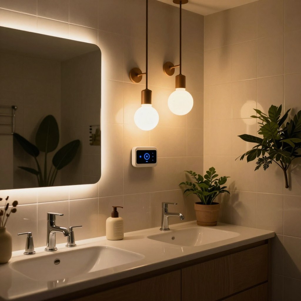 A beautifully designed mid-century bathroom featuring sleek lines and retro fixtures illuminated by innovative smart lighting solutions. In the foreground, a stylish vanity with a minimalist mirror reflects ambient LED lighting, creating a warm, inviting glow. The middle layer showcases unique light fixtures that blend seamlessly with the era's aesthetic—think geometric shapes and soft diffused bulbs. A modern smart lighting control panel is discreetly integrated into the cabinetry. In the background, classic tilework complements the lighting, while lush indoor plants add a touch of nature. Use soft lighting to evoke a serene atmosphere, with a focus on the interplay of light and shadow. Capture the scene from a slightly elevated angle, emphasizing both the smart technology and mid-century design harmony. A beautifully designed mid-century bathroom featuring sleek lines and retro fixtures illuminated by innovative smart lighting solutions. In the foreground, a stylish vanity with a minimalist mirror reflects ambient LED lighting, creating a warm, inviting glow. The middle layer showcases unique light fixtures that blend seamlessly with the era's aesthetic—think geometric shapes and soft diffused bulbs. A modern smart lighting control panel is discreetly integrated into the cabinetry. In the background, classic tilework complements the lighting, while lush indoor plants add a touch of nature. Use soft lighting to evoke a serene atmosphere, with a focus on the interplay of light and shadow. Capture the scene from a slightly elevated angle, emphasizing both the smart technology and mid-century design harmony.