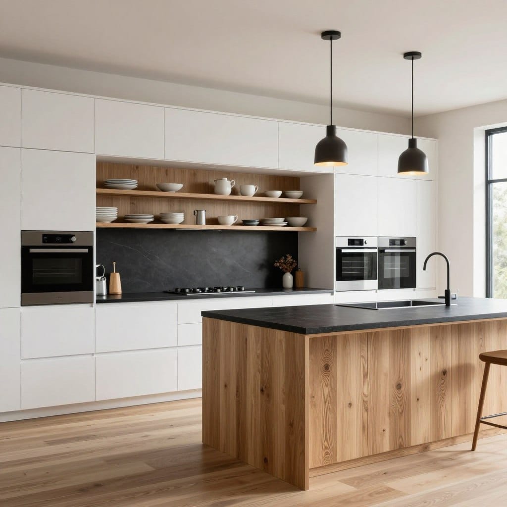 A beautifully designed modern kitchen featuring a minimalist aesthetic with white oak cabinetry and elegant black accents. In the foreground, a sleek island with a dark stone countertop contrasts with the warm, light-toned wood. The middle layer showcases open shelving displaying tasteful dinnerware, with integrated appliances seamlessly blending into the cabinetry. A large window in the background floods the space with natural light, highlighting the textures of the materials. The flooring is a light, natural wood that complements the white oak, and soft pendant lights hang above the island, casting a warm glow. The overall mood is inviting and stylish, embodying a contemporary organic look. The composition is shot from an angled perspective to capture depth and detail, emphasizing the harmonious balance between the white oak and black elements.