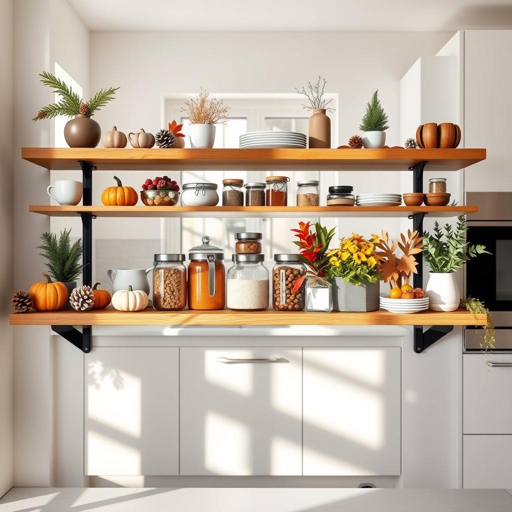 A beautifully designed modern kitchen shelf, showcasing a seasonal rotation of decor and kitchenware. The foreground features an elegant wooden shelf, adorned with a mix of autumnal and winter decorations, such as small pumpkins, pinecones, and cozy mugs. In the middle, an array of neatly arranged jars filled with spices and herbs, paired with stylish dishware and vibrant, seasonal plants. The background highlights a bright, airy kitchen with sleek, minimalistic cabinetry and soft white walls. Natural light filters through a window, casting warm shadows to create a welcoming atmosphere. Captured from a slightly elevated angle to showcase the depth and layering of the shelf decor, evoking a sense of freshness and seasonal charm. A beautifully designed modern kitchen shelf, showcasing a seasonal rotation of decor and kitchenware. The foreground features an elegant wooden shelf, adorned with a mix of autumnal and winter decorations, such as small pumpkins, pinecones, and cozy mugs. In the middle, an array of neatly arranged jars filled with spices and herbs, paired with stylish dishware and vibrant, seasonal plants. The background highlights a bright, airy kitchen with sleek, minimalistic cabinetry and soft white walls. Natural light filters through a window, casting warm shadows to create a welcoming atmosphere. Captured from a slightly elevated angle to showcase the depth and layering of the shelf decor, evoking a sense of freshness and seasonal charm.