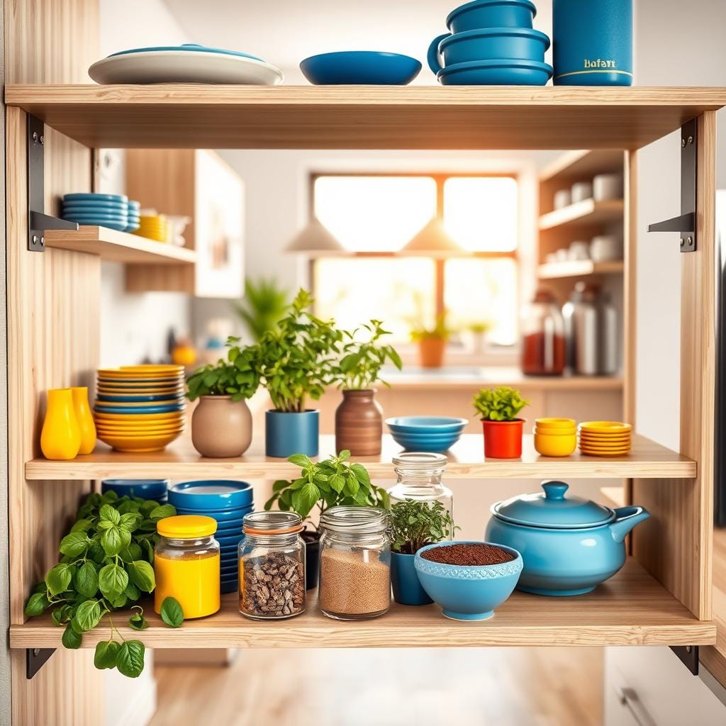 A beautifully designed modern kitchen shelf, showcasing an array of colorful kitchenware and plants. The shelf is made of light wood with sleek metal brackets, creating a minimalist aesthetic. In the foreground, vibrant blue and yellow ceramic dishes are artfully arranged alongside elegant glass jars filled with spices. The middle ground features potted herbs, such as basil and rosemary, adding a fresh green touch. In the background, a soft-focus view of a contemporary kitchen with warm, natural lighting streaming through a window creates a welcoming atmosphere. Utilize a wide angle to emphasize the depth and layering of the shelf. Aim for a warm, inviting mood that highlights the artistry of color coordination and modern design in kitchen shelves.