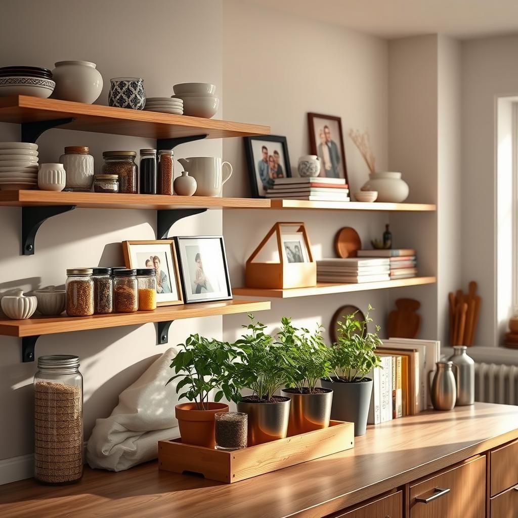 A beautifully designed modern kitchen shelf, showcasing an elegant curation of personal items that tell a story. In the foreground, a sleek wooden shelf displays an assortment of unique ceramics, glass jars filled with colorful spices, and framed family photos that evoke warmth and nostalgia. The middle ground features potted herbs in stylish planters, surrounded by neatly organized cookbooks and vintage kitchenware, emphasizing functionality and aesthetics. The background reveals a softly lit kitchen with a minimalist design, featuring neutral tones and natural textures. The lighting is warm and inviting, with soft sunlight streaming through a window, creating gentle shadows. The overall atmosphere is cozy and homely, inviting viewers to explore the narrative behind each curated piece.