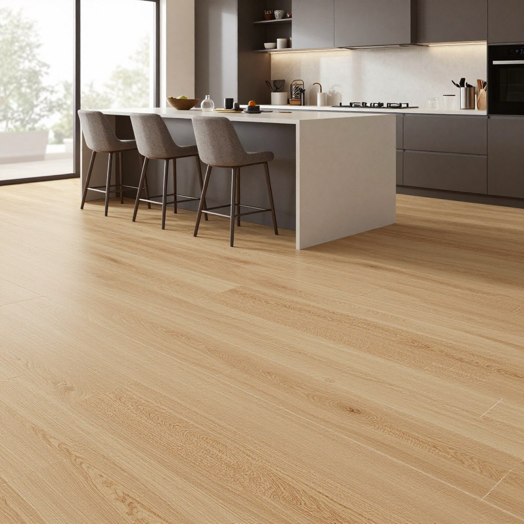 A beautifully designed modern kitchen showcasing the latest flooring trends for 2026, featuring a combination of luxury vinyl tile and cork. In the foreground, the textured cork flooring in warm, natural shades complements the sleek, light-colored luxury vinyl tiles, arranged in an eye-catching pattern. The middle ground reveals a spacious kitchen island with elegant bar stools, adorned with stylish kitchenware. In the background, large windows flood the space with natural light, enhancing the inviting atmosphere. The overall mood is sophisticated and contemporary, captured with soft, diffused lighting at a slight angle to highlight the textures of the flooring and the modern cabinetry. The scene evokes a sense of practicality meeting chic design, perfect for a culinary workspace. A beautifully designed modern kitchen showcasing the latest flooring trends for 2026, featuring a combination of luxury vinyl tile and cork. In the foreground, the textured cork flooring in warm, natural shades complements the sleek, light-colored luxury vinyl tiles, arranged in an eye-catching pattern. The middle ground reveals a spacious kitchen island with elegant bar stools, adorned with stylish kitchenware. In the background, large windows flood the space with natural light, enhancing the inviting atmosphere. The overall mood is sophisticated and contemporary, captured with soft, diffused lighting at a slight angle to highlight the textures of the flooring and the modern cabinetry. The scene evokes a sense of practicality meeting chic design, perfect for a culinary workspace.