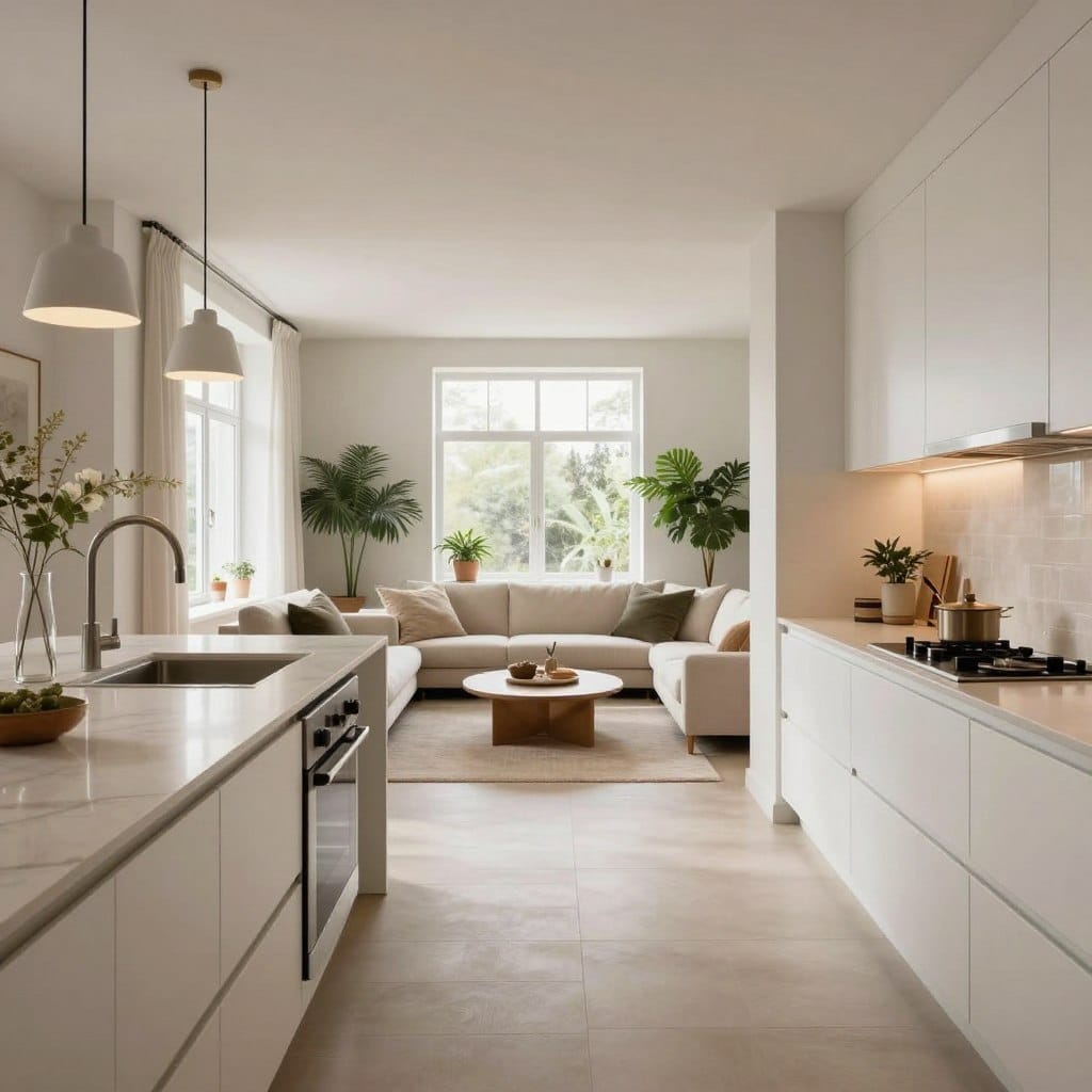 A beautifully designed open concept kitchen and living room showcasing seamless integration between both spaces. In the foreground, a modern kitchen with a large island, sleek white cabinets, and stainless steel appliances. The middle area features a comfortable living room with a plush sofa, elegant coffee table, and tasteful decor, all positioned to enhance the open flow of the space. In the background, large windows allow natural light to flood in, highlighting the subtle textures of the walls and flooring. The color palette consists of soft neutrals with pops of greenery from potted plants. The atmosphere is inviting and stylish, evoking a sense of contemporary elegance. The image is captured with a wide-angle lens, emphasizing the spaciousness and warmth of the environment, with soft, diffused lighting for a cozy feel.
