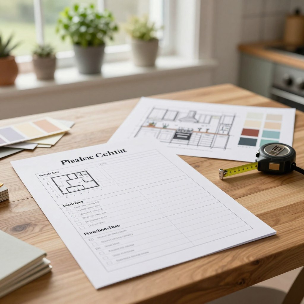 A beautifully designed planning checklist for a small kitchen remodel, elegantly displayed on a wooden table. In the foreground, the checklist features neatly organized sections for budgeting, layout ideas, and essential tasks. The middle ground showcases stylish kitchen design sketches, samples of paint colors, and a small tape measure. In the background, soft natural light filters through a window, creating a warm and inviting atmosphere, with potted herbs on the sill. Use a shallow depth of field to focus on the checklist, while the kitchen remodel materials in the background remain softly blurred. Convey a sense of anticipation and creativity, perfect for homeowners embarking on their kitchen transformation journey.