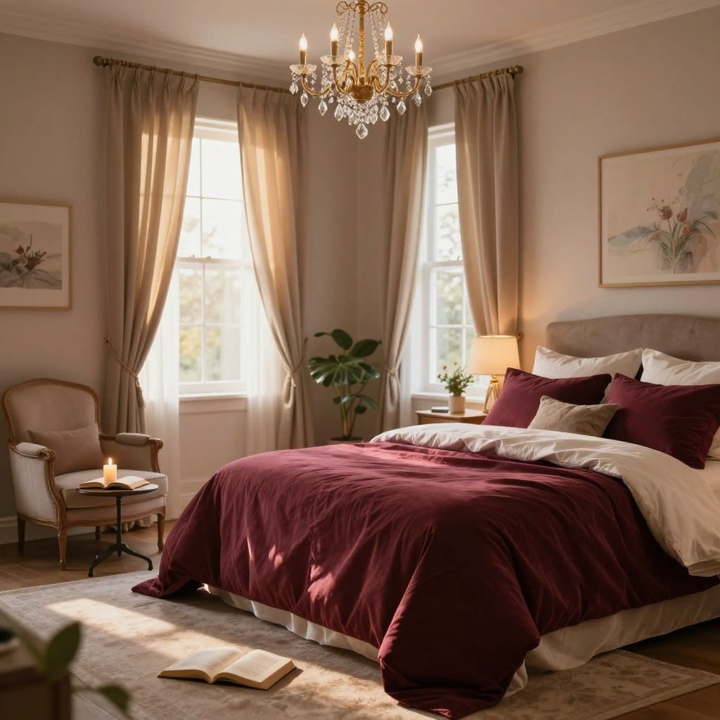A beautifully designed romantic bedroom featuring a large, plush king-sized bed with luxurious linens in deep shades of burgundy and soft ivory. The foreground showcases a cozy reading nook with a vintage armchair and a small side table holding a flickering candle and an open book. In the middle ground, elegant drapery frames the windows, softly filtering warm, golden sunlight that casts gentle shadows throughout the room. The walls are adorned with soft, pastel artwork and a touch of greenery from indoor plants adds a refreshing feel. The background includes a softly glowing chandelier with delicate crystals that catch the light, enhancing the intimate atmosphere. The overall mood is serene and inviting, perfect for a romantic escape.