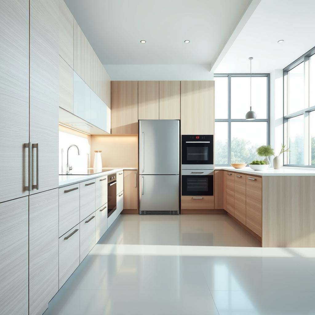 A beautifully designed seamless kitchen showcasing hidden appliances, emphasizing modern cabinetry and minimalist aesthetics. In the foreground, sleek, handleless cabinets blend seamlessly into the walls, with a subtle wood grain finish. The middle layer reveals cleverly concealed appliances, such as a built-in refrigerator and dishwasher, camouflaged within the cabinetry, maintaining a clean and uncluttered look. The background features a bright, airy atmosphere, with natural light streaming in through large windows, highlighting the gentle hues of soft whites and light grays. The overall mood is serene and contemporary, captured using a wide-angle lens to create depth and space. Soft shadows accentuate the smooth surfaces, promoting an inviting and sophisticated cooking environment. A beautifully designed seamless kitchen showcasing hidden appliances, emphasizing modern cabinetry and minimalist aesthetics. In the foreground, sleek, handleless cabinets blend seamlessly into the walls, with a subtle wood grain finish. The middle layer reveals cleverly concealed appliances, such as a built-in refrigerator and dishwasher, camouflaged within the cabinetry, maintaining a clean and uncluttered look. The background features a bright, airy atmosphere, with natural light streaming in through large windows, highlighting the gentle hues of soft whites and light grays. The overall mood is serene and contemporary, captured using a wide-angle lens to create depth and space. Soft shadows accentuate the smooth surfaces, promoting an inviting and sophisticated cooking environment.