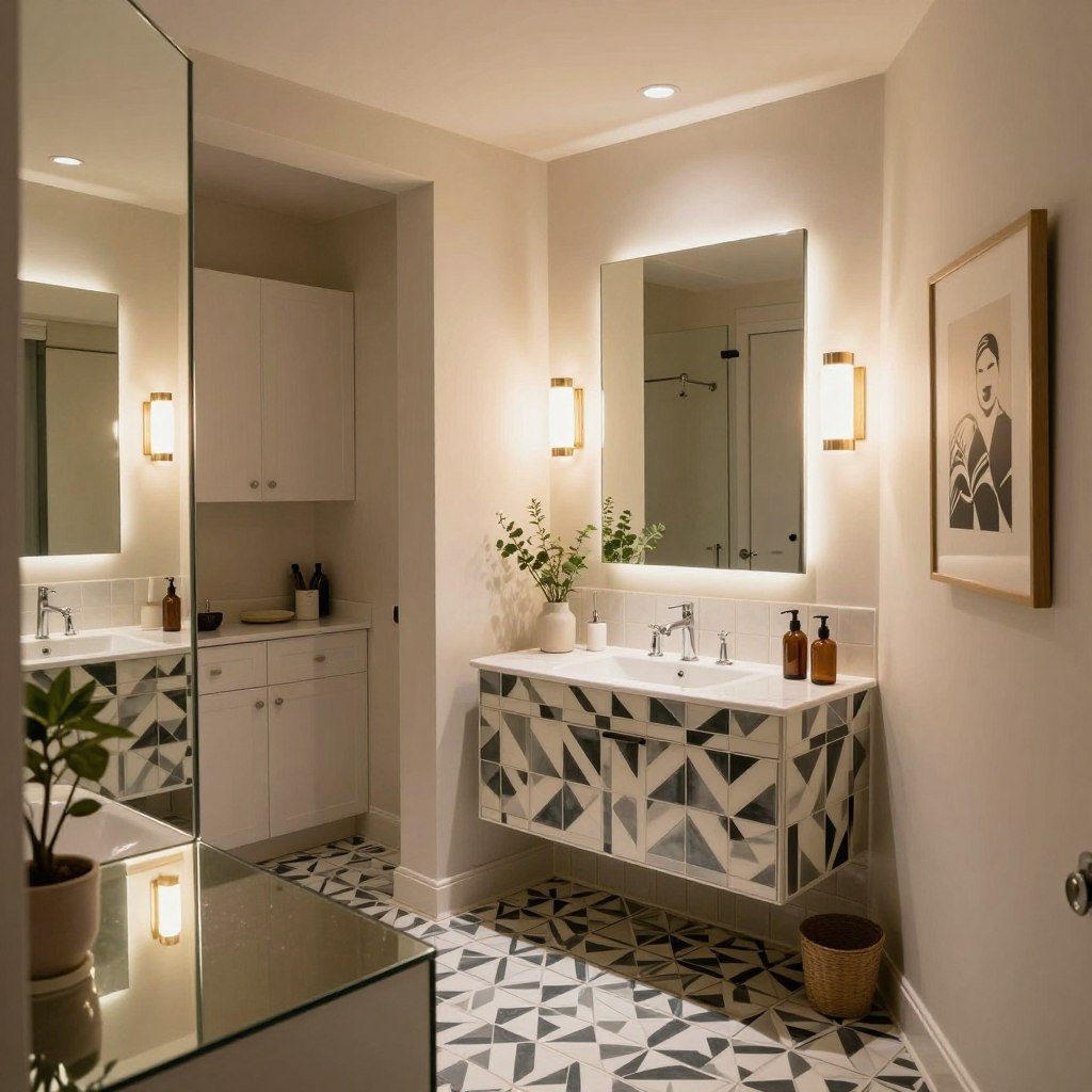 A beautifully designed small bathroom showcasing clever optical illusions and visual tricks. In the foreground, sleek, mirrored surfaces reflect light, creating a sense of depth. The middle space features a compact vanity with a striking geometric pattern on the tiles, while a cleverly positioned large mirror enhances the illusion of increased space. Subtle recessed lighting casts a warm glow, highlighting the elegant fixtures and unique artwork on the walls. In the background, light-colored cabinetry blends seamlessly, further contributing to the open feel. The atmosphere is serene yet stylish, with plants adding a touch of nature. The camera angle is slightly elevated, capturing the room’s dimensions without clutter. A beautifully designed small bathroom showcasing clever optical illusions and visual tricks. In the foreground, sleek, mirrored surfaces reflect light, creating a sense of depth. The middle space features a compact vanity with a striking geometric pattern on the tiles, while a cleverly positioned large mirror enhances the illusion of increased space. Subtle recessed lighting casts a warm glow, highlighting the elegant fixtures and unique artwork on the walls. In the background, light-colored cabinetry blends seamlessly, further contributing to the open feel. The atmosphere is serene yet stylish, with plants adding a touch of nature. The camera angle is slightly elevated, capturing the room’s dimensions without clutter.