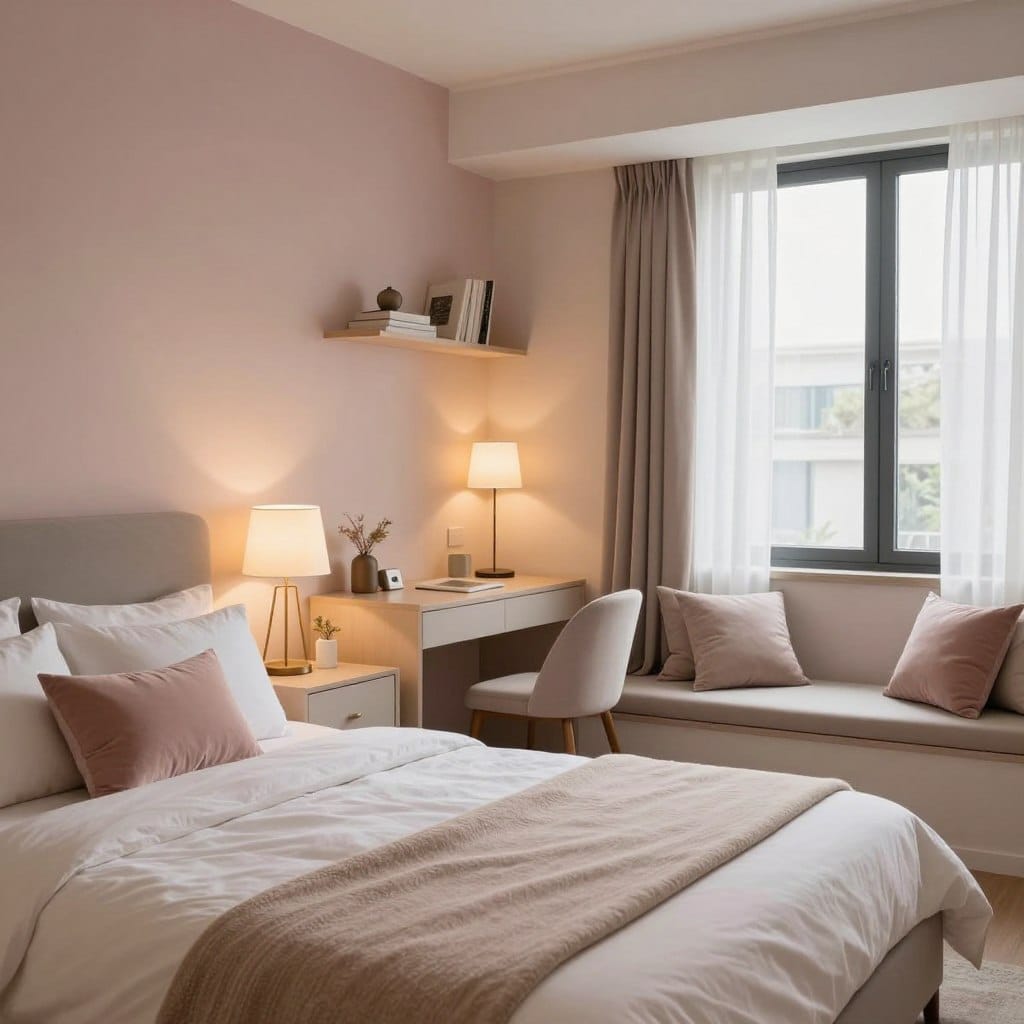 A beautifully designed small bedroom reflecting a 5-star retreat ambiance. The foreground features an elegantly made queen-size bed with plush pillows and a soft, textured throw. On either side, minimalist nightstands hold stylish lamps, providing warm, inviting light. The middle ground showcases a compact yet functional workspace with a small desk and a comfortable chair, adorned with a few decorative items. A cozy reading nook with a built-in shelf and soft cushions adds charm. The background is adorned with soft pastel walls and a window draped in sheer curtains, allowing natural light to filter in gently. The atmosphere is serene and inviting, emphasizing a sense of tranquility and sophistication, ideally captured with soft lighting and a warm color palette. The image should evoke comfort and clever spatial design techniques for maximizing a small space.