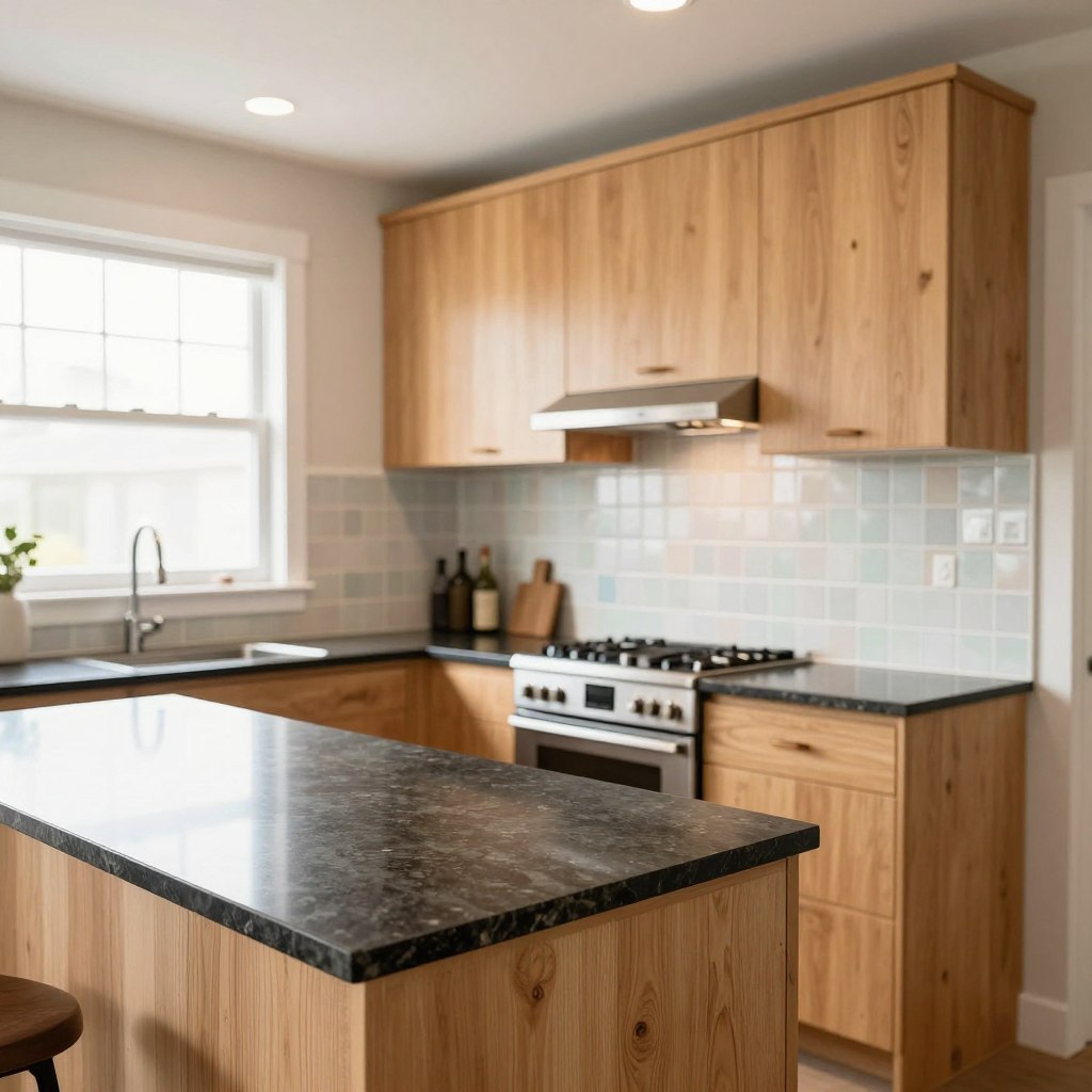 A beautifully designed small kitchen showcasing innovative material selections for a remodel. In the foreground, there’s a sleek countertop made of dark granite with delicate veining, contrasted by light, natural wood cabinetry with minimalist hardware. In the middle, an elegant tile backsplash in soft pastel colors subtly complements the countertops, while modern appliances in stainless steel add a touch of contemporary style. The background features large windows allowing natural light to flood the space, illuminating the warm tones of the wood and the brightness of the tiles. Soft, ambient lighting overhead enhances the welcoming atmosphere, creating a cozy yet sophisticated vibe. Capture this inviting and functional space with a slightly elevated angle to emphasize depth and organization.