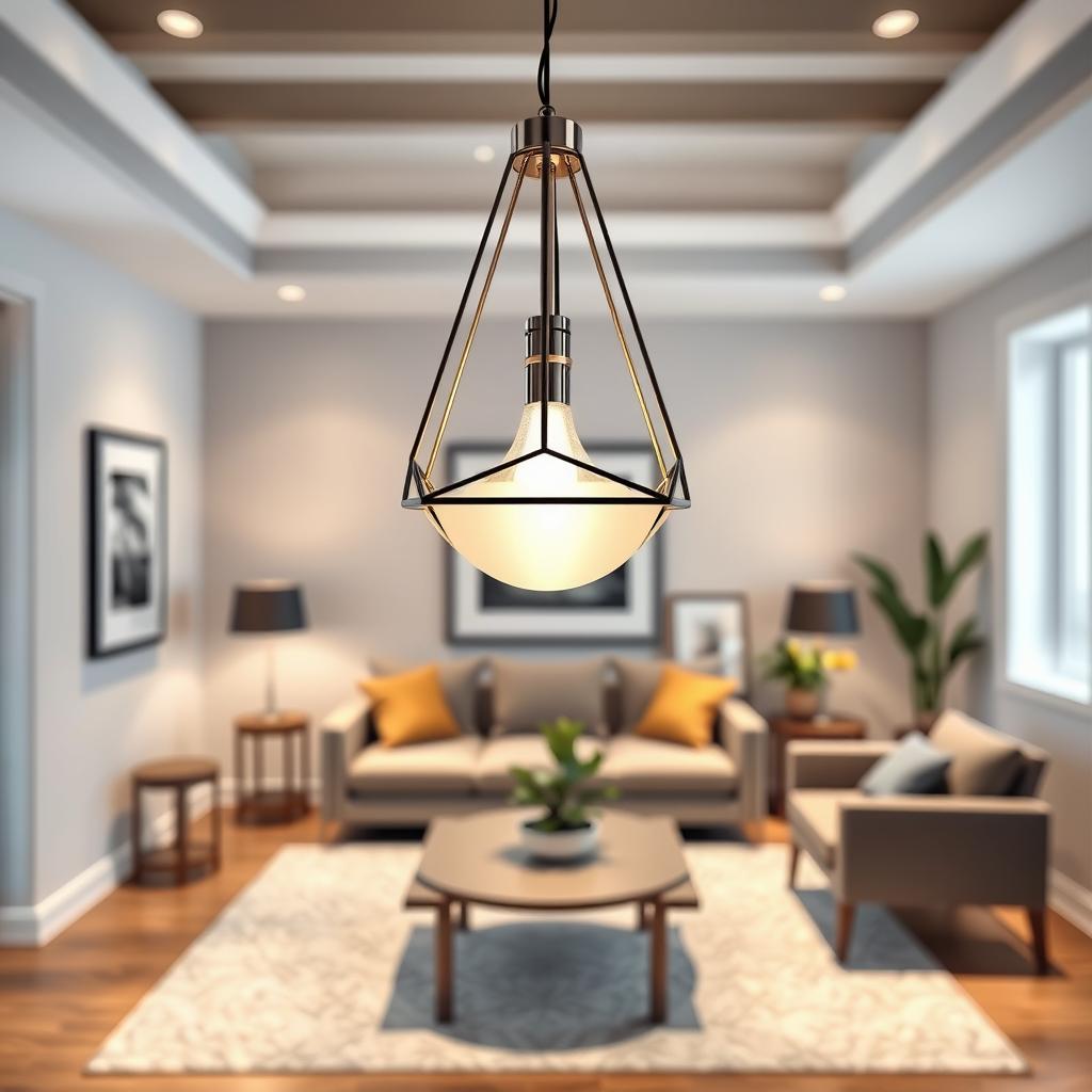 A beautifully designed small living room featuring a striking modern pendant light as the focal point. In the foreground, showcase the elegant pendant light with a unique geometric shape, crafted from polished metal and frosted glass, casting a warm, inviting glow. In the middle ground, display a cozy arrangement of contemporary furniture, such as a chic sofa and a stylish coffee table adorned with a small plant. The walls should feature soft, neutral colors, allowing the pendant to stand out. In the background, include tasteful decorative elements like framed artwork and potted greenery, adding a touch of vibrancy. The overall mood is sophisticated yet approachable, with soft ambient lighting that enhances the space's coziness. Use a wide-angle lens to capture the entire scene, emphasizing the pendant's impact in the small living room. A beautifully designed small living room featuring a striking modern pendant light as the focal point. In the foreground, showcase the elegant pendant light with a unique geometric shape, crafted from polished metal and frosted glass, casting a warm, inviting glow. In the middle ground, display a cozy arrangement of contemporary furniture, such as a chic sofa and a stylish coffee table adorned with a small plant. The walls should feature soft, neutral colors, allowing the pendant to stand out. In the background, include tasteful decorative elements like framed artwork and potted greenery, adding a touch of vibrancy. The overall mood is sophisticated yet approachable, with soft ambient lighting that enhances the space's coziness. Use a wide-angle lens to capture the entire scene, emphasizing the pendant's impact in the small living room.