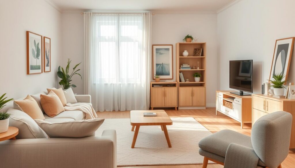 A beautifully designed small living room showcasing a light color palette to maximize space and brightness. In the foreground, a stylish light-colored sofa with pastel cushions, accented by a soft, airy throw. The middle ground features a chic coffee table made of light wood, adorned with a small potted plant and a light-colored area rug that ties the room together. In the background, soft white walls are complemented by sheer curtains allowing natural light to flood in. A variety of decor elements, such as framed artwork in soft hues and light wooden bookshelves, create an inviting atmosphere. The scene is bathed in warm, diffused lighting to enhance the feeling of openness and tranquility, captured at a wide angle to provide a clear view of the harmonious design. A beautifully designed small living room showcasing a light color palette to maximize space and brightness. In the foreground, a stylish light-colored sofa with pastel cushions, accented by a soft, airy throw. The middle ground features a chic coffee table made of light wood, adorned with a small potted plant and a light-colored area rug that ties the room together. In the background, soft white walls are complemented by sheer curtains allowing natural light to flood in. A variety of decor elements, such as framed artwork in soft hues and light wooden bookshelves, create an inviting atmosphere. The scene is bathed in warm, diffused lighting to enhance the feeling of openness and tranquility, captured at a wide angle to provide a clear view of the harmonious design.