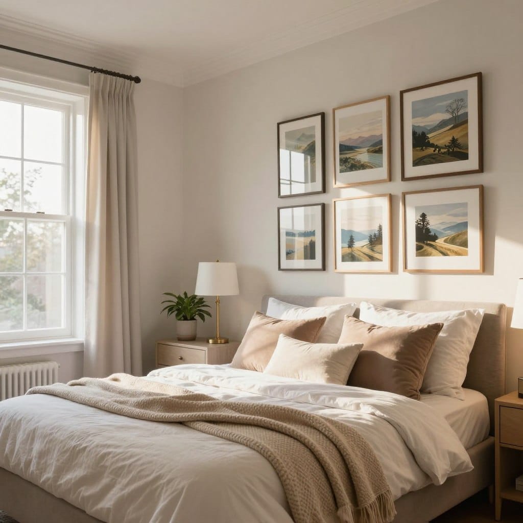 A beautifully designed small master bedroom that emphasizes effective wall decor strategies. In the foreground, showcase a stylish bed adorned with plush cushions and a cozy blanket. On the wall behind, feature an artistic gallery display of framed landscape prints and mirrors to create depth, enhancing the illusion of space. In the middle ground, include a compact nightstand with a tasteful lamp and a small potted plant that adds a touch of greenery. The background should depict light-colored walls that reflect natural light, with large windows allowing sunlight to spill in, creating a warm and inviting atmosphere. Use soft, ambient lighting to highlight the textures in the bedding and decor, while capturing the overall mood of a serene and luxurious retreat. Shot with a wide-angle lens to emphasize space, ensuring a bright, airy feel throughout the room.