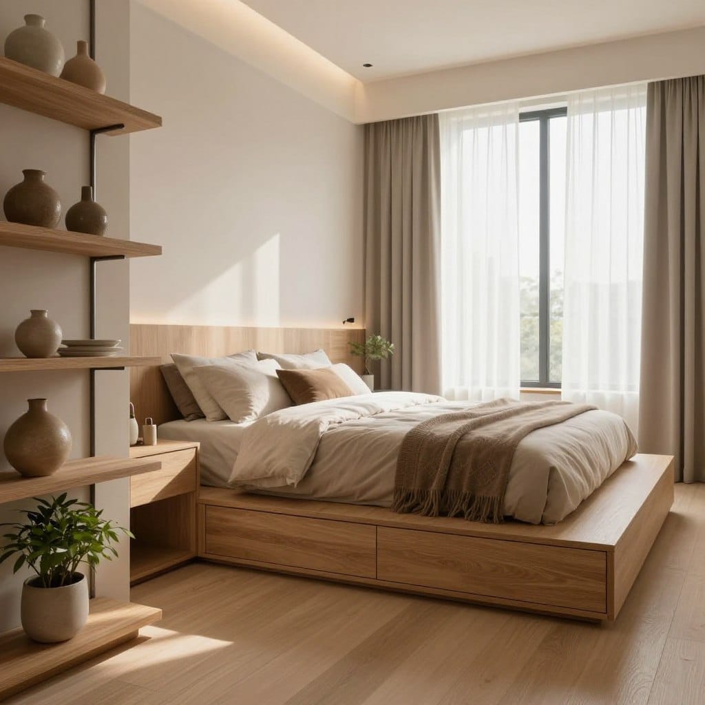 A beautifully designed small master bedroom that showcases innovative storage solutions, emphasizing minimalism and luxury. In the foreground, there are elegant wooden shelves displaying decorative items and a potted plant. The middle ground features a stylish platform bed with hidden drawers and plush bedding, paired with a chic nightstand, all designed for maximizing space. In the background, large windows with sheer curtains allow soft, natural light to fill the room, highlighting the warm tones of the decor. The atmosphere is cozy yet sophisticated, evoking a 5-star retreat. The scene is captured from a low angle, giving a spacious feel to the room, with gentle shadows enhancing the textures of the furnishings. No people are present, focusing entirely on the serene design.