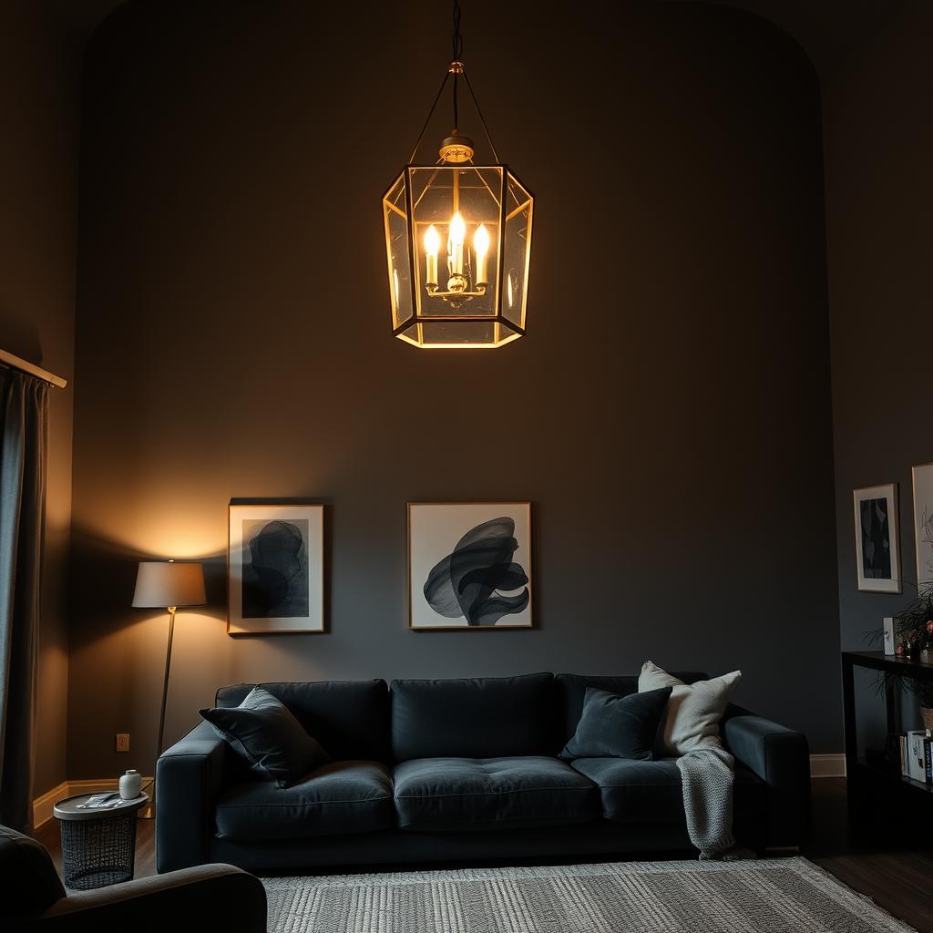 A beautifully designed statement light fixture hangs from a high ceiling in a cozy, dark living room, illuminating the space with warm, inviting light. The fixture features an intricate geometric design in brass and glass, creating an eye-catching focal point. Below, a plush, dark velvet sofa is arranged with soft, textured cushions, complemented by a woven area rug. On the walls, muted colors enhance the ambiance, while stylish art pieces add character. The light casts soft shadows, creating depth and warmth in the atmosphere. Capture this scene with a slight angle, emphasizing the light fixture as the centerpiece, using a soft-focus lens to enhance the inviting feel and evoke a sense of comfort and elegance in a space lacking natural light.