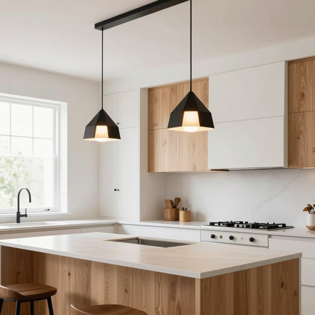 A beautifully designed white oak kitchen featuring statement lighting fixtures in sleek black finishes. The foreground showcases a modern wooden kitchen island, with a polished white countertop. In the middle, striking pendant lights with geometric shapes hang elegantly above the island, casting warm, inviting glows. The backdrop reveals seamless white oak cabinetry, showcasing rich grain patterns, complemented by minimalistic black hardware. Soft natural light floods the space through large windows, creating a bright and airy atmosphere. The angle is a slightly elevated perspective, capturing both the kitchen design and the exquisite lighting details. The mood is contemporary yet organic, emphasizing a harmonious balance between natural elements and modern aesthetics. No text or watermarks present, focusing solely on the design features.