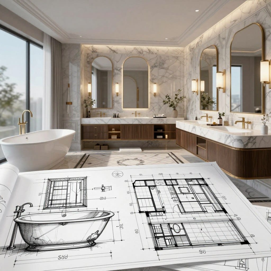 A beautifully detailed blueprint for a high-end bathroom renovation. In the foreground, intricate sketches of luxurious fixtures like a freestanding soaking tub and a spacious double vanity, showcasing ornate details. In the middle, a detailed layout emphasizing elegant tile patterns, modern lighting fixtures, and upscale cabinetry, illustrated with precise measurements and annotations. In the background, a subtle gradient suggesting a sophisticated design studio environment, softly lit with natural light filtering through large windows. The overall atmosphere is one of refinement and creativity, evoking the excitement of luxury design. The image is crafted with a realistic and professional lens angle, ensuring clarity and focus on the blueprint elements.