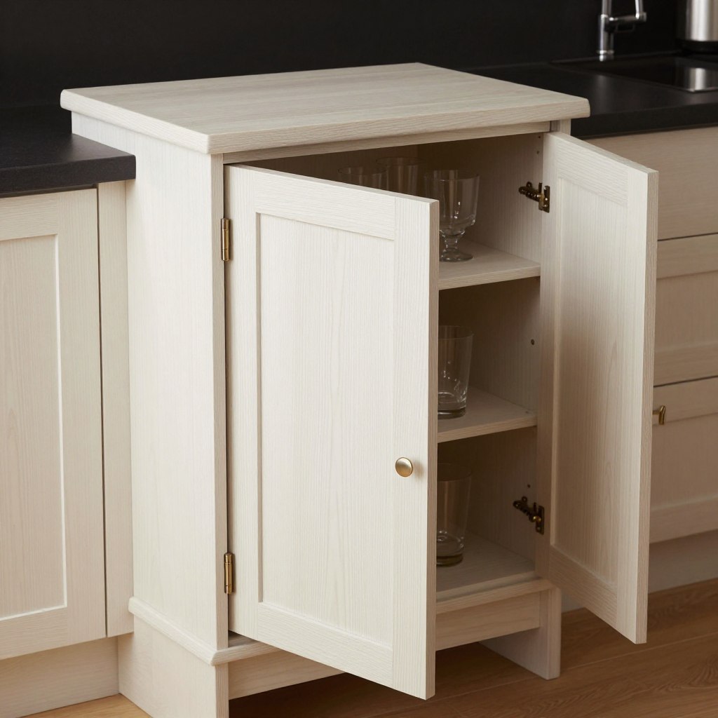 A beautifully finished white oak cabinet showcasing a smooth, elegant surface with a natural grain pattern, placed prominently in a well-lit kitchen setting. The cabinet's doors are slightly ajar, revealing organized shelves with contemporary glassware. The scene is set against a backdrop of sleek black countertops that contrast with the warm tones of the oak. Soft, diffuse lighting highlights the cabinet's texture, creating a warm and inviting atmosphere. The angle is slightly elevated, focusing on the cabinet while capturing the kitchen's stylish design elements, including minimalistic hardware. The mood is modern and sophisticated, ideal for a design-focused article.