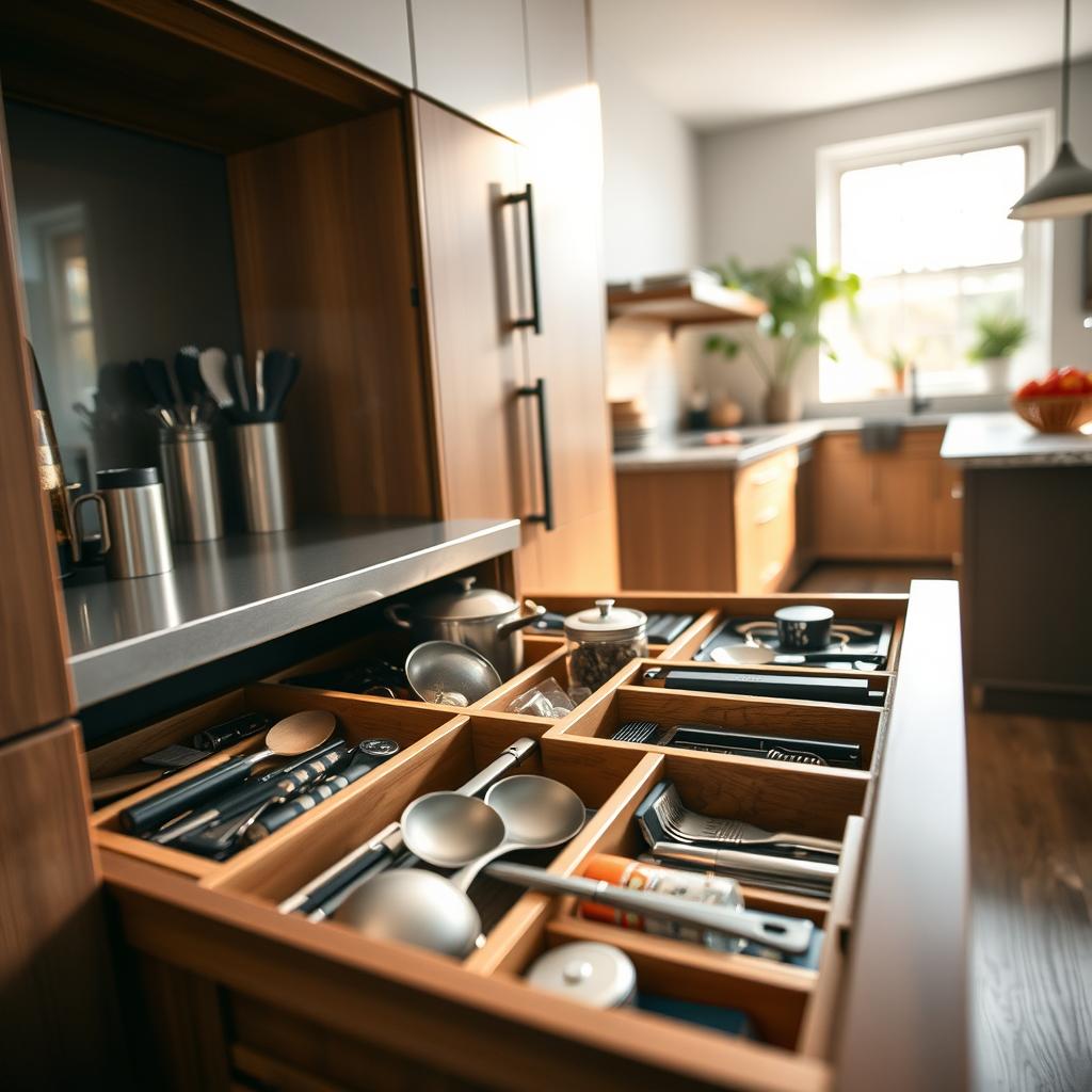 A beautifully organized kitchen cabinet with custom drawer inserts designed for optimal functionality. In the foreground, showcase a close-up of various drawer compartments filled with utensils, spices, and cooking gadgets, all neatly arranged. The middle layer features stylish, modern cabinets, with a sheen finish that reflects soft natural light streaming in from a nearby window. The background reveals a spacious kitchen with minimalist decor, including potted plants and granite countertops. Highlight the innovative storage solutions that blend aesthetics and practicality, evoking a calm and inviting atmosphere. Use warm lighting to enhance the richness of the wood finishes, and employ a slight depth of field effect to emphasize the custom drawer inserts. The overall mood should inspire creativity and organization within the cooking space. A beautifully organized kitchen cabinet with custom drawer inserts designed for optimal functionality. In the foreground, showcase a close-up of various drawer compartments filled with utensils, spices, and cooking gadgets, all neatly arranged. The middle layer features stylish, modern cabinets, with a sheen finish that reflects soft natural light streaming in from a nearby window. The background reveals a spacious kitchen with minimalist decor, including potted plants and granite countertops. Highlight the innovative storage solutions that blend aesthetics and practicality, evoking a calm and inviting atmosphere. Use warm lighting to enhance the richness of the wood finishes, and employ a slight depth of field effect to emphasize the custom drawer inserts. The overall mood should inspire creativity and organization within the cooking space.