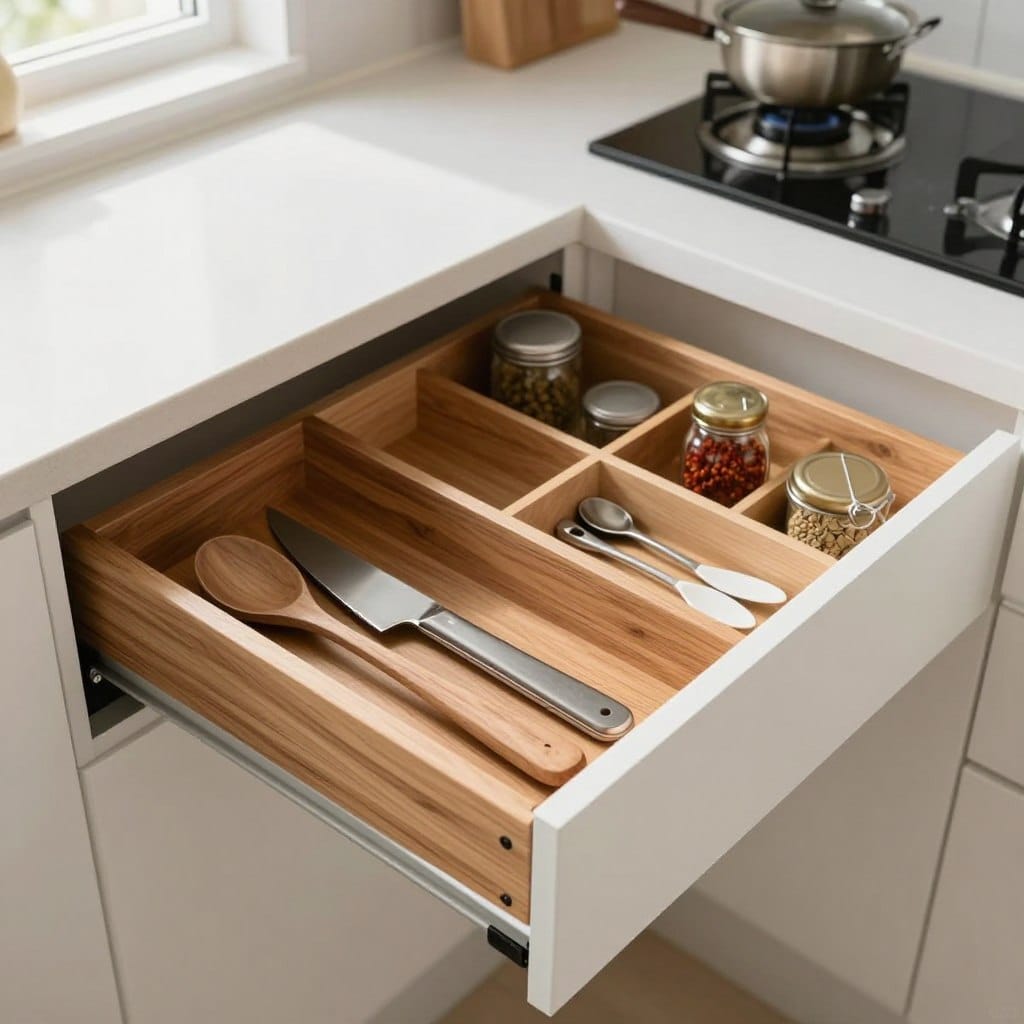 A beautifully organized kitchen drawer showcasing custom drawer inserts designed for modern small kitchens. In the foreground, the focus is on a sleek, wooden cutlery insert, with precise sections for utensils, knives, and tools, all neatly arranged. In the middle, there are additional inserts for spices and small kitchen gadgets, highlighting efficient storage solutions. The background features a stylish kitchen with white cabinets and a minimalist aesthetic, bathed in natural light coming from a nearby window, enhancing the warm and inviting atmosphere. The scene is captured from a bird's-eye view with a shallow depth of field, emphasizing the functionality and elegance of the drawer organization. The overall mood is one of modern simplicity and creativity, ideal for maximizing space efficiently.