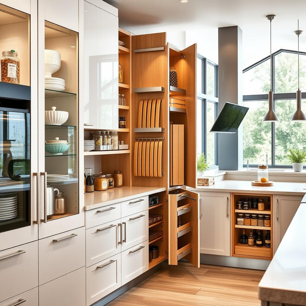 A beautifully organized kitchen featuring innovative storage solutions within stylish cabinets. In the foreground, sleek, modern cabinets with glass fronts display neatly arranged kitchenware and colorful spices. The middle ground showcases a variety of unique storage ideas, such as pull-out pantry shelves, vertical dividers for cutting boards, and integrated spice racks. In the background, a bright kitchen space with large windows allows natural light to illuminate the area, enhancing the vibrant colors and textures of wood and metal. The atmosphere feels fresh and inviting, perfect for modern cooking. Capture this scene with soft lighting, a slightly elevated angle to showcase depth, and focus on the elegance of the storage solutions without any people or distractions. A beautifully organized kitchen featuring innovative storage solutions within stylish cabinets. In the foreground, sleek, modern cabinets with glass fronts display neatly arranged kitchenware and colorful spices. The middle ground showcases a variety of unique storage ideas, such as pull-out pantry shelves, vertical dividers for cutting boards, and integrated spice racks. In the background, a bright kitchen space with large windows allows natural light to illuminate the area, enhancing the vibrant colors and textures of wood and metal. The atmosphere feels fresh and inviting, perfect for modern cooking. Capture this scene with soft lighting, a slightly elevated angle to showcase depth, and focus on the elegance of the storage solutions without any people or distractions.
