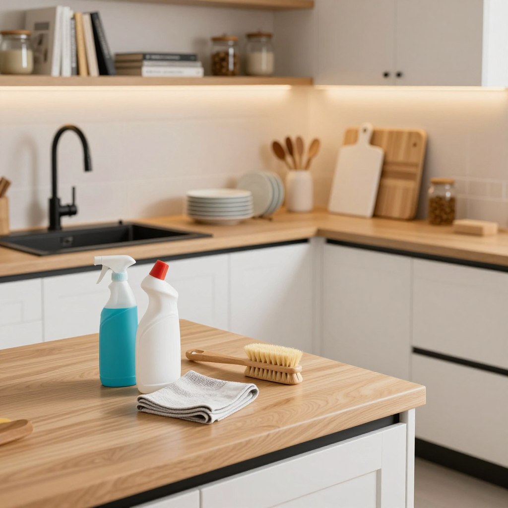 A beautifully organized kitchen featuring white oak cabinetry and black accents, showcasing various kitchen maintenance tips in a visually appealing arrangement. In the foreground, a neatly arranged countertop with cleaning supplies, a microfiber cloth, and a wooden brush, emphasizing cleanliness and care. The middle ground highlights a stylish black sink with sparkling clean dishes and a white oak cutting board. In the background, softly lit shelves display neatly stacked cookbooks and decorative storage jars, adding warmth and character. The overall lighting is soft and inviting, captured from a slightly elevated angle, creating a serene and motivational atmosphere. No people are present in the scene, ensuring focus on the kitchen elements and maintenance tips without distractions.