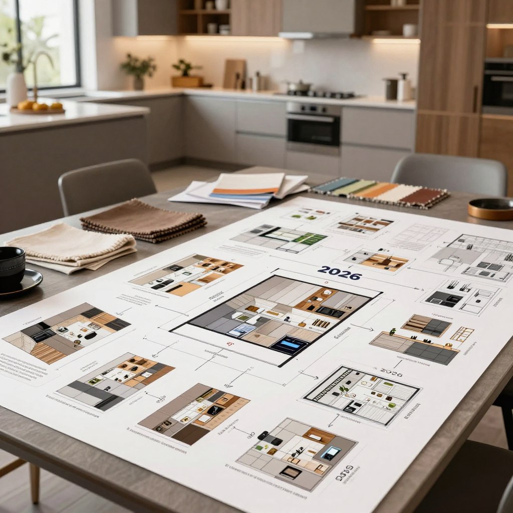 A beautifully organized kitchen planning roadmap set on a large, elegant table. In the foreground, detailed illustrations of modern kitchen designs and trends for 2026, including sleek cabinetry, smart appliances, and eco-friendly materials. The middle ground features a well-lit workspace with color swatches, fabric samples, and design sketches scattered around. In the background, a soft-focus view of a stylish contemporary kitchen, bathed in warm, natural lighting, emphasizing open space and innovative layouts. The atmosphere is inspiring and professional, designed to evoke creativity and forward-thinking in kitchen design. A photographer's angle captures the entire scene from a slightly elevated perspective, highlighting the planning process in a dynamic way. A beautifully organized kitchen planning roadmap set on a large, elegant table. In the foreground, detailed illustrations of modern kitchen designs and trends for 2026, including sleek cabinetry, smart appliances, and eco-friendly materials. The middle ground features a well-lit workspace with color swatches, fabric samples, and design sketches scattered around. In the background, a soft-focus view of a stylish contemporary kitchen, bathed in warm, natural lighting, emphasizing open space and innovative layouts. The atmosphere is inspiring and professional, designed to evoke creativity and forward-thinking in kitchen design. A photographer's angle captures the entire scene from a slightly elevated perspective, highlighting the planning process in a dynamic way.