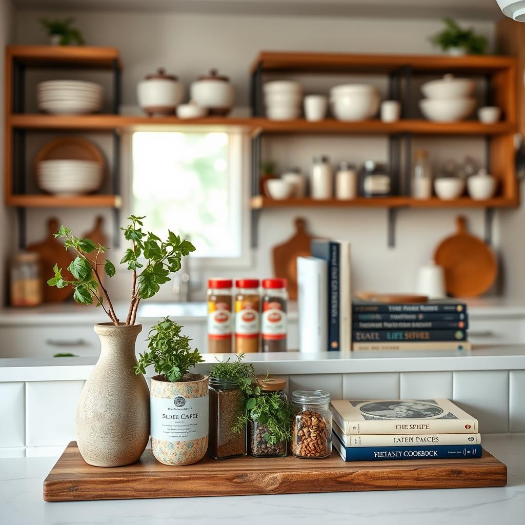 A beautifully organized kitchen shelf arrangement showcasing the "Rule of Three." In the foreground, three distinct elements on the shelf: a rustic ceramic vase with fresh herbs, a wooden cutting board with a neatly arranged set of colorful spices, and a small stack of artisanal cookbooks. The middle section features stylish open shelving with white dishes, glassware, and decorative jars, creating visual balance. The background includes a softly blurred kitchen with natural light streaming through a window, enhancing the inviting atmosphere. Use warm lighting to evoke a cozy, lived-in feel, capturing the essence of welcoming home style. The angle should be slightly elevated to focus on the shelf arrangement while giving a glimpse of the kitchen's warmth. A beautifully organized kitchen shelf arrangement showcasing the "Rule of Three." In the foreground, three distinct elements on the shelf: a rustic ceramic vase with fresh herbs, a wooden cutting board with a neatly arranged set of colorful spices, and a small stack of artisanal cookbooks. The middle section features stylish open shelving with white dishes, glassware, and decorative jars, creating visual balance. The background includes a softly blurred kitchen with natural light streaming through a window, enhancing the inviting atmosphere. Use warm lighting to evoke a cozy, lived-in feel, capturing the essence of welcoming home style. The angle should be slightly elevated to focus on the shelf arrangement while giving a glimpse of the kitchen's warmth.
