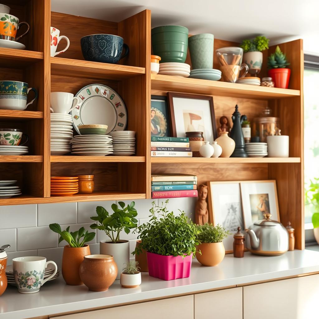 A beautifully organized kitchen shelf display, showcasing a variety of stylish items. In the foreground, elegant ceramics and glassware are arranged with care, including colorful mugs, artisanal plates, and decorative jars filled with cooking ingredients. The middle ground features fresh herbs in vibrant planters, books on cooking, and a few well-curated decorative pieces like framed art and unique figurines. In the background, soft natural light streams through a window, highlighting the warm wood tones of the shelves and the inviting atmosphere of the kitchen. Capture this scene with a slightly angled perspective to enhance depth, and use warm, airy lighting to evoke a sense of homeliness and creativity, showcasing the burgeoning trend of stylish kitchen shelves. A beautifully organized kitchen shelf display, showcasing a variety of stylish items. In the foreground, elegant ceramics and glassware are arranged with care, including colorful mugs, artisanal plates, and decorative jars filled with cooking ingredients. The middle ground features fresh herbs in vibrant planters, books on cooking, and a few well-curated decorative pieces like framed art and unique figurines. In the background, soft natural light streams through a window, highlighting the warm wood tones of the shelves and the inviting atmosphere of the kitchen. Capture this scene with a slightly angled perspective to enhance depth, and use warm, airy lighting to evoke a sense of homeliness and creativity, showcasing the burgeoning trend of stylish kitchen shelves.