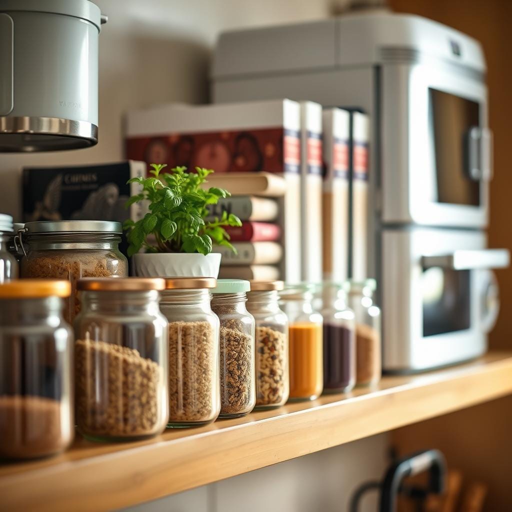 A beautifully organized kitchen shelf scene, showcasing a variety of items arranged harmoniously. In the foreground, a neatly lined collection of glass jars filled with spices and grains, color-coded for visual appeal. The middle layer features decorative cookbooks displayed upright and stacked, with a potted herb plant adding a pop of greenery. In the background, soft-focus kitchen appliances are slightly blurred, suggesting modernity without drawing attention away from the shelf. The lighting is warm and inviting, casting gentle shadows that enhance textures. A shallow depth of field emphasizes the shelf while softening the background, creating a cozy and stylish atmosphere that highlights the importance of proper kitchen shelf organization.