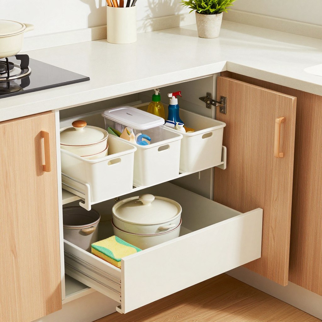 A beautifully organized under-sink storage area in a modern small kitchen. The foreground features a neat, open cabinet with labeled bins, stacked pots, cleaning supplies in transparent containers, and a pull-out drawer for sponges. The middle shows the sleek cabinet doors with polished handles and a small potted plant adding a touch of green. The background includes the countertop with minimalist kitchen tools and vibrant cooking utensils, ensuring a cohesive look. Soft, natural lighting enhances the warm wood tones and white accents, creating a bright and inviting atmosphere. The angle is a slightly elevated shot, focusing on the organized space, inviting viewers to appreciate the functionality and aesthetic of under-sink organization.